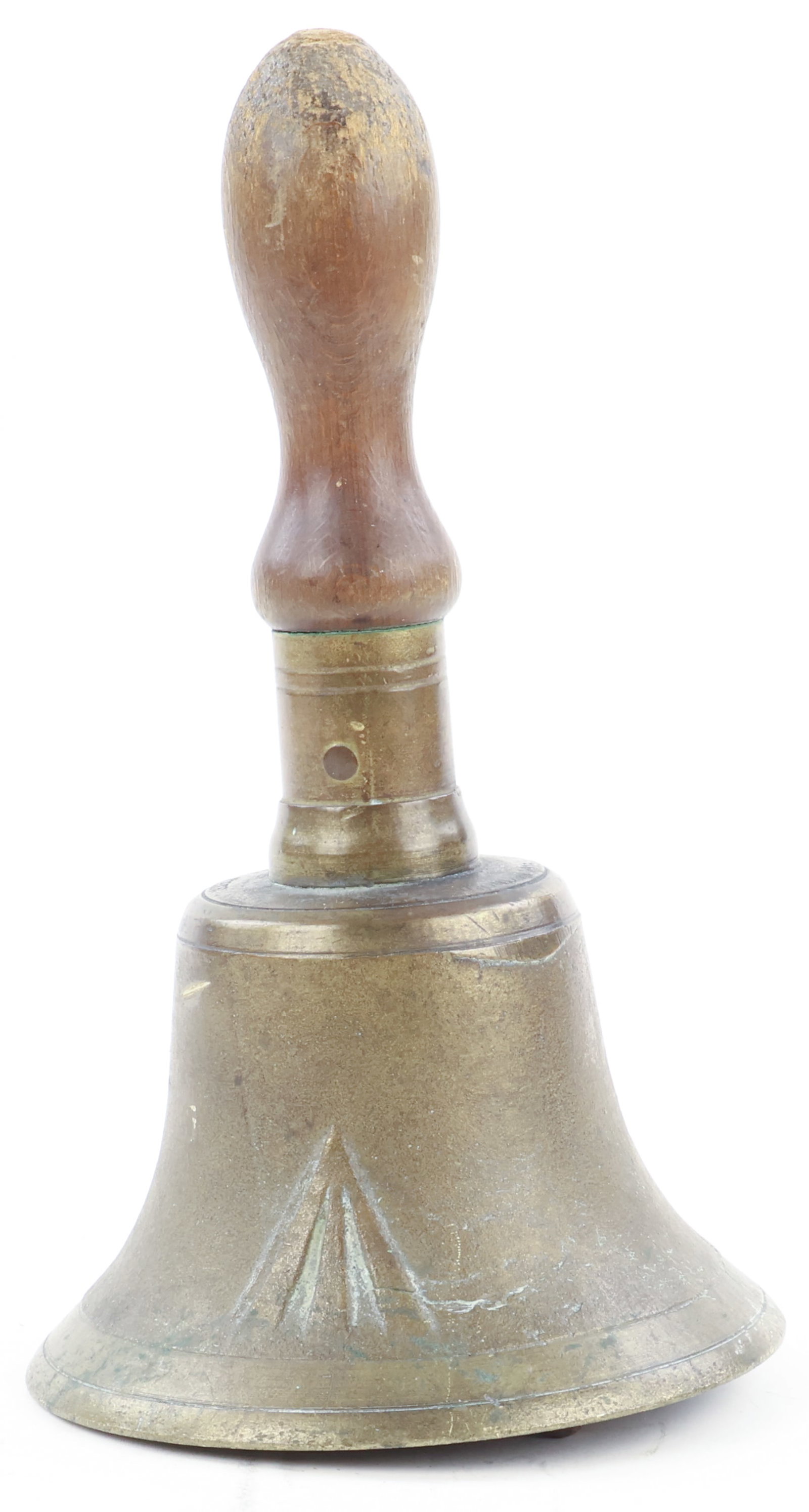 1915 BRITISH BROAD ARROW GAS WARNING BELL: A 1915 British bronze bell with a large British 'broad arrow' in relief on the body, 10 in. long overall with wood handle, maker-marked 'J. N. & CO. BELL YORKS' and 'LONDON 1915'. This bell was used i