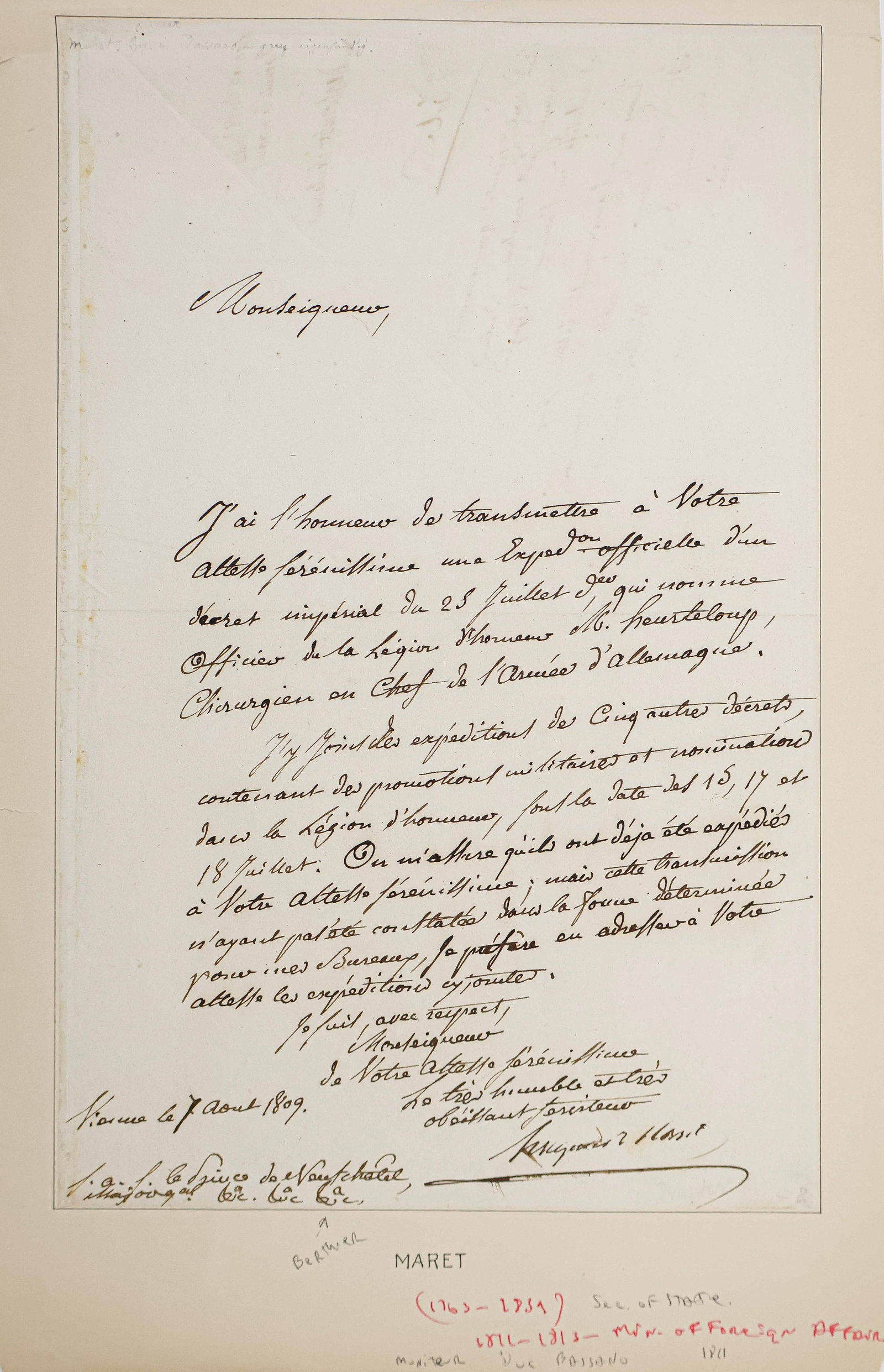 HUGHES-BERNARD MARET, DUC DE BASSANO: (1763-1839) French statesman, Secretary of State after Napoleonís return from Egypt in 1799 and then Minister of Foreign Affairs and accompanied him through most of his campaigns. Fine content ma