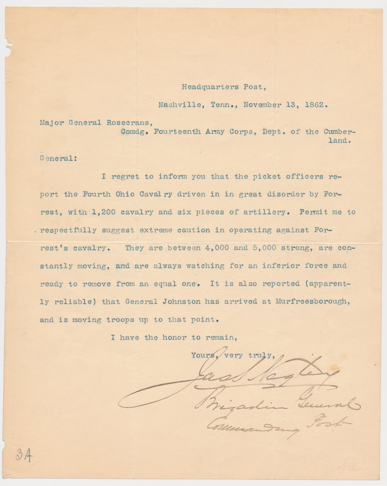 JAMES S. NEGLEY: (1826 - 1901) Union major general instrumental in driving Bragg from Tennessee, later tried for cowardice and desertion for his command at Chickamauga. Typed D.S., 1p. 4to., Nashville, Tennessee, Nov.