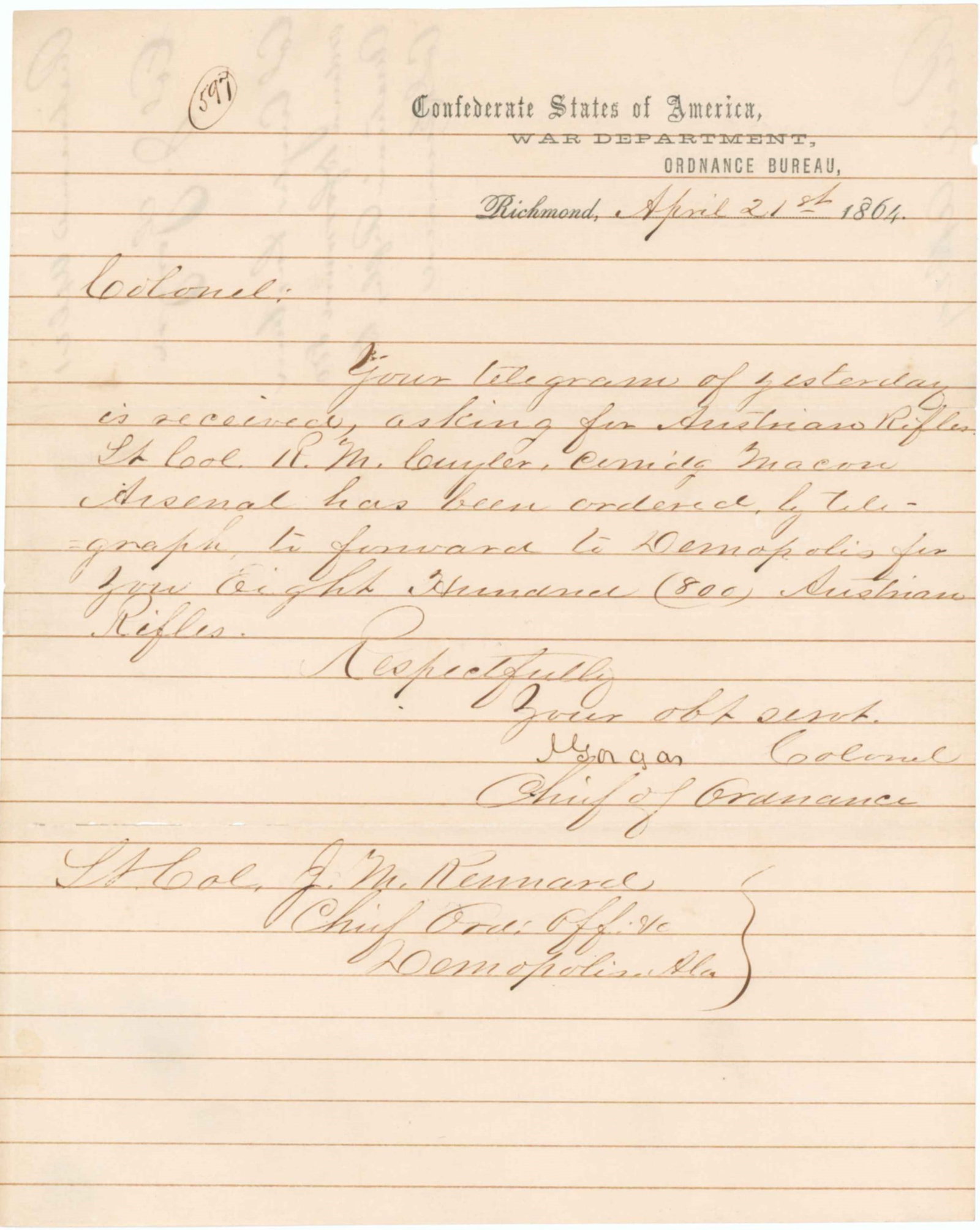JOSIAH GORGAS: (1818 - 1883) Confederate Chief of Ordnance, working closely with the Fraser, Trenholm and Co. shipping firm that brought in shipments of ordnance by means of blockade runners. A.E.S. on the verso of 
