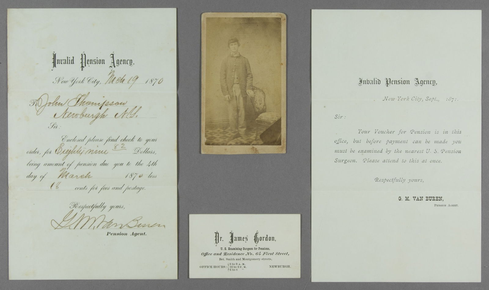 124TH NEW YORK 'ORANGE BLOSSOMS' CDV AND DOCUMENT GROUP: Good lot of four items concerning Pvt. John Thompson of the 124th New York Vols. ('Orange Blossoms'), wounded in action at Chancellorsville and taken POW at Petersburg, in 1864. Included is a carte de