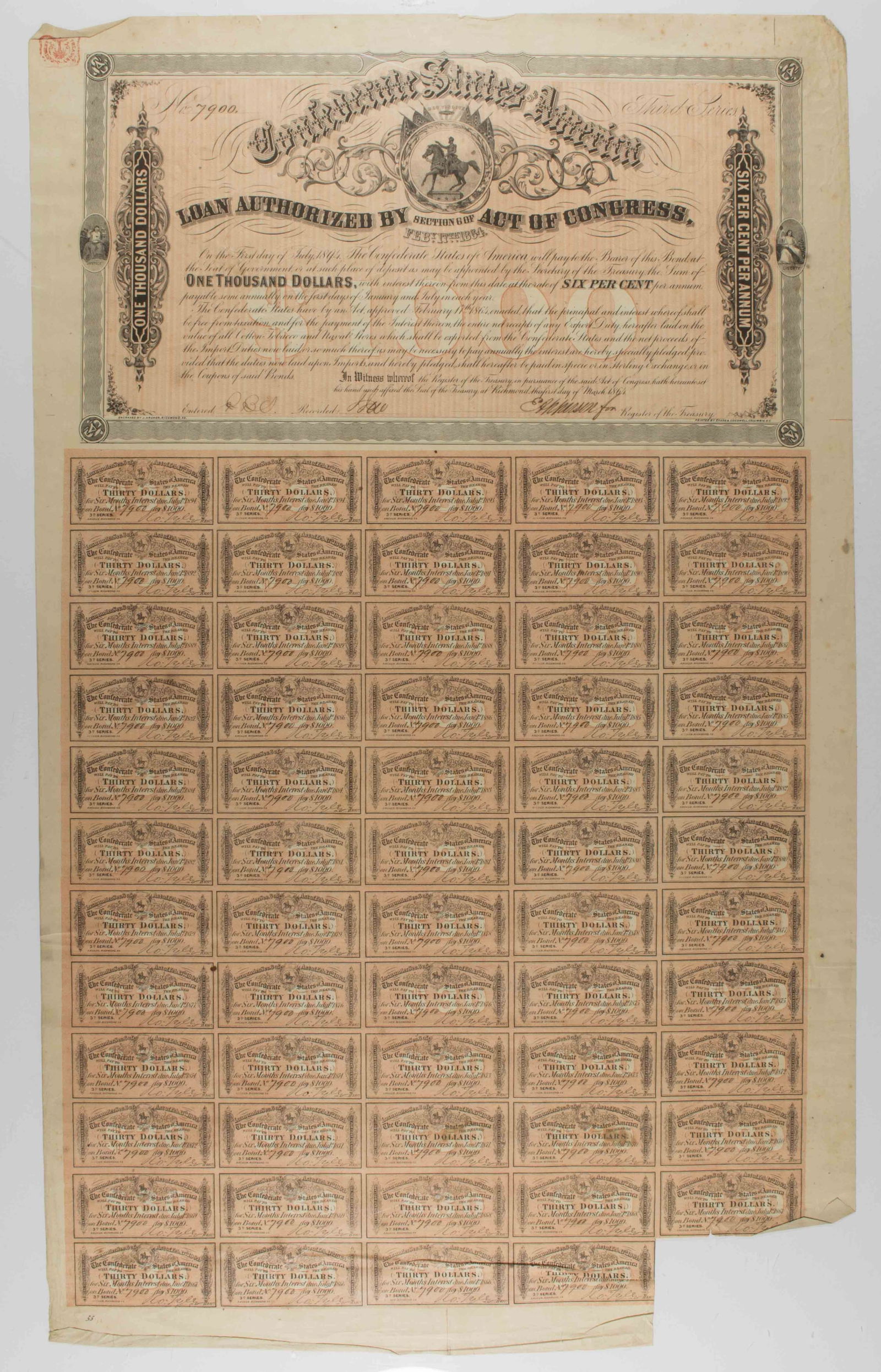 CONFEDERATE $1,000 6% BOND, ISSUED MARCH 1, 1864 (1 of 1)