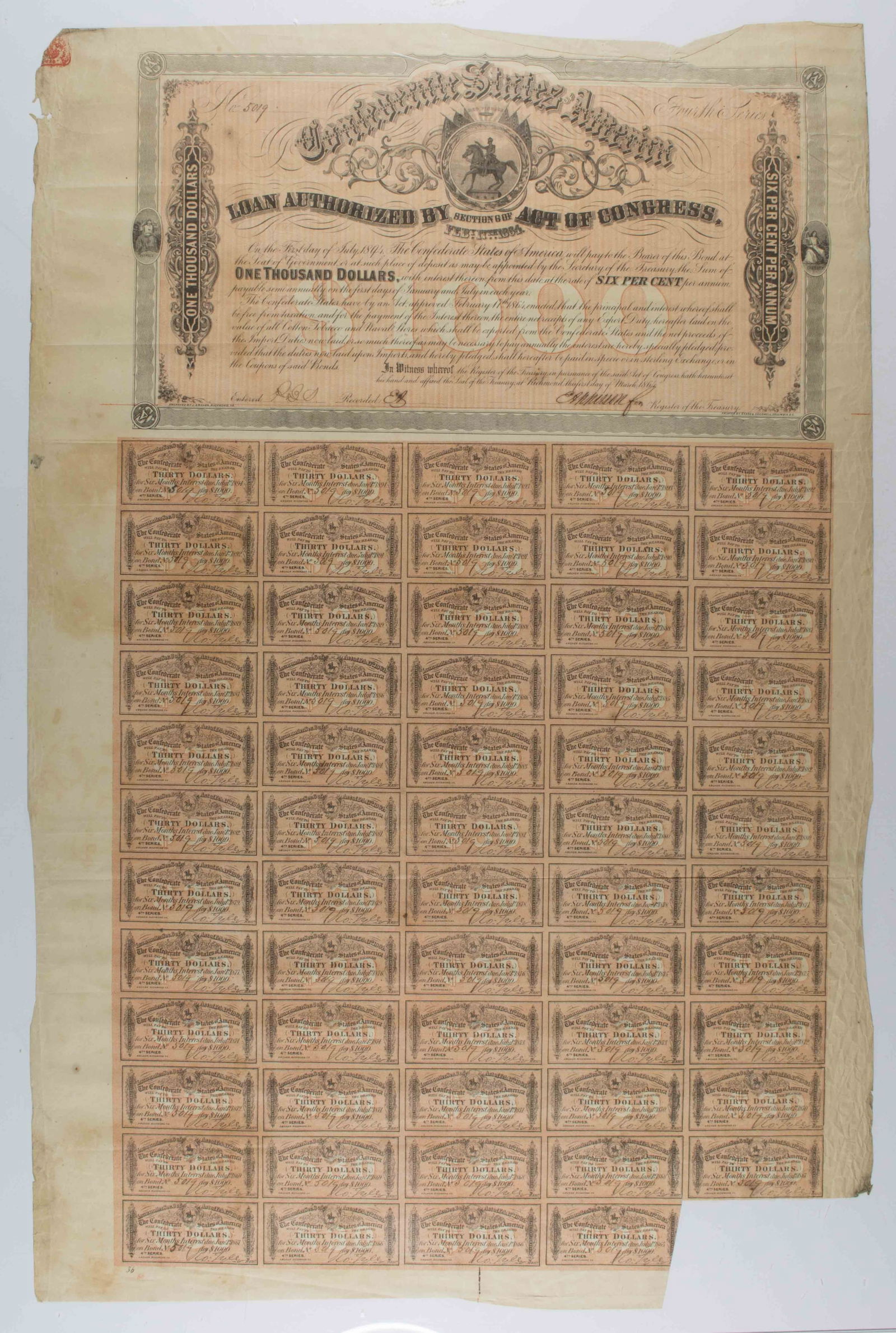CONFEDERATE $1,000 6% BOND, ISSUED MARCH 1, 1864 (1 of 1)