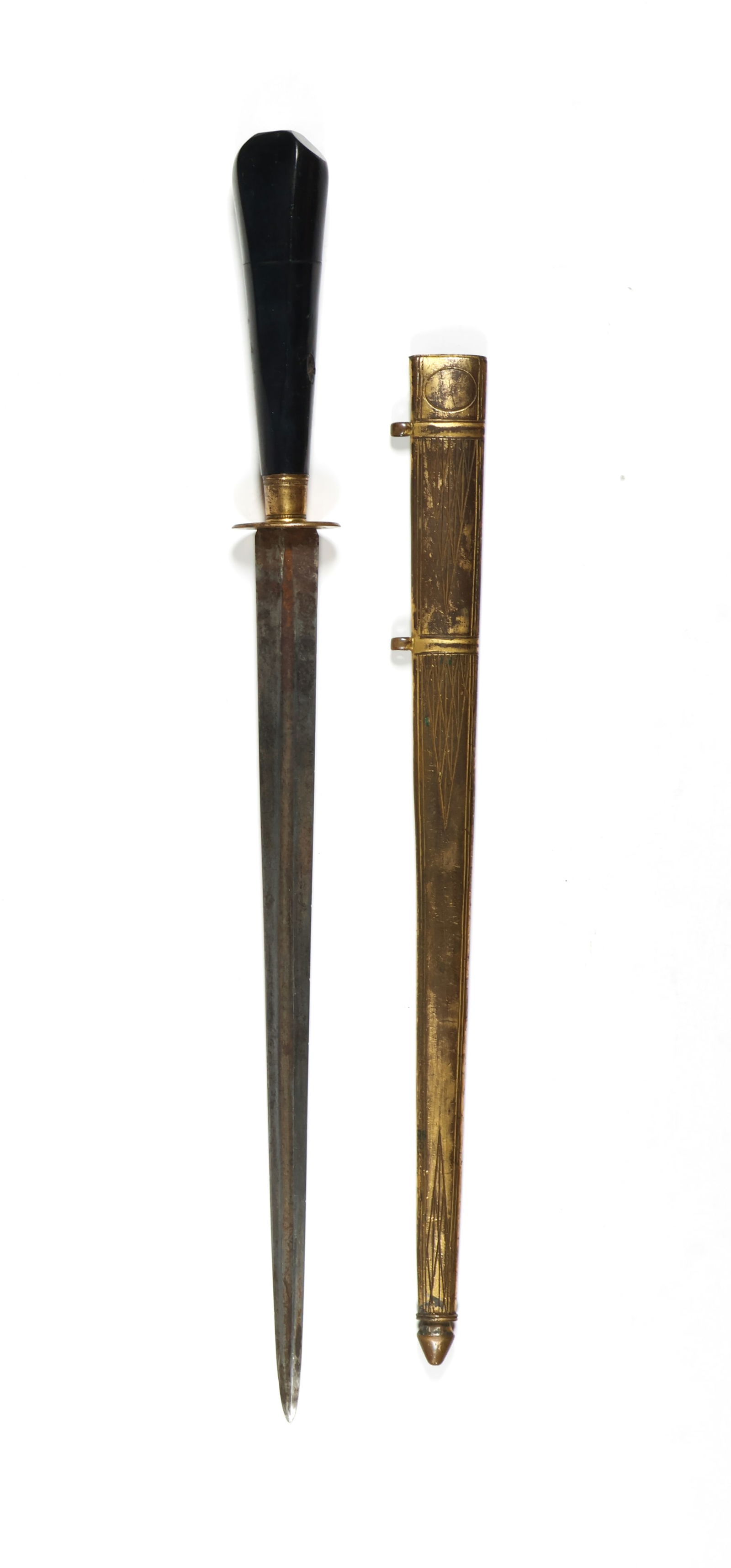 CIVIL WAR ASSASSINíS DAGGER: A Civil War era assassinís dagger with engraved scabbard, blade is 9 in. long, 13 in. overall with a gutta percha [?] handle and brass hilt, which is loose. Blade bears fuller and exhibits oxidat