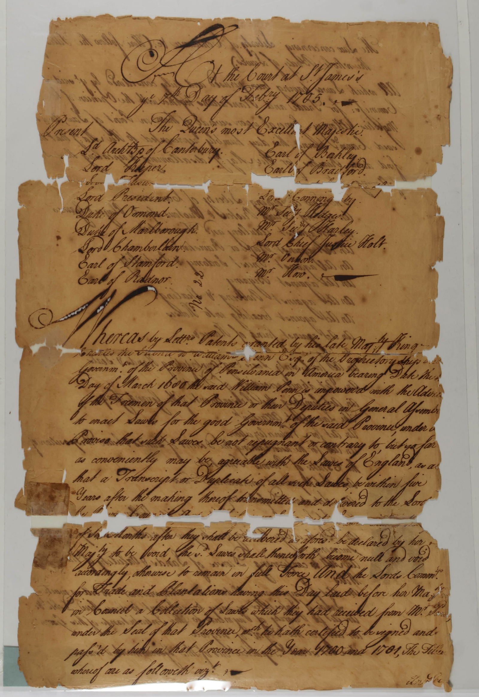 QUEEN ANNE IS TO REPEAL WILLIAM PENN'S LAWS (1 of 2)