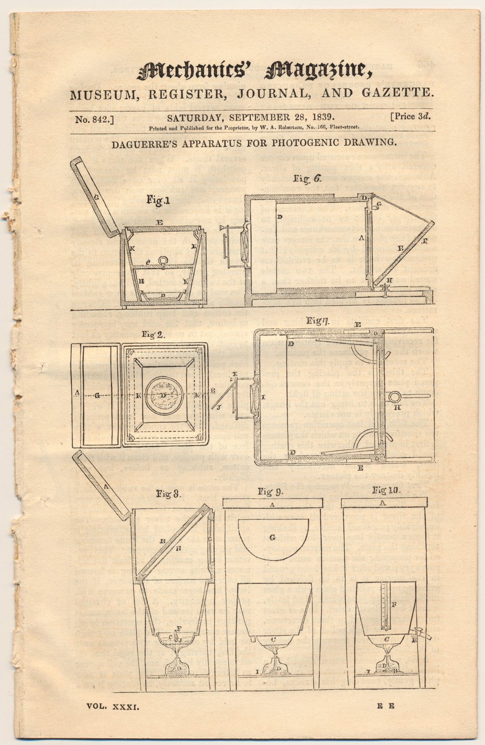 19TH CENTURY MAGAZINE DEPICTS DAGUERREOTYPE PROCESS: 'Mechanics Magazine', 16pp. 8vo., London, Sep. 28, 1839, the cover titled ëDaguerreís Apparatus for Photogenic Drawingí. The cover and following six pages bear diagrams of the apparatus and detaile