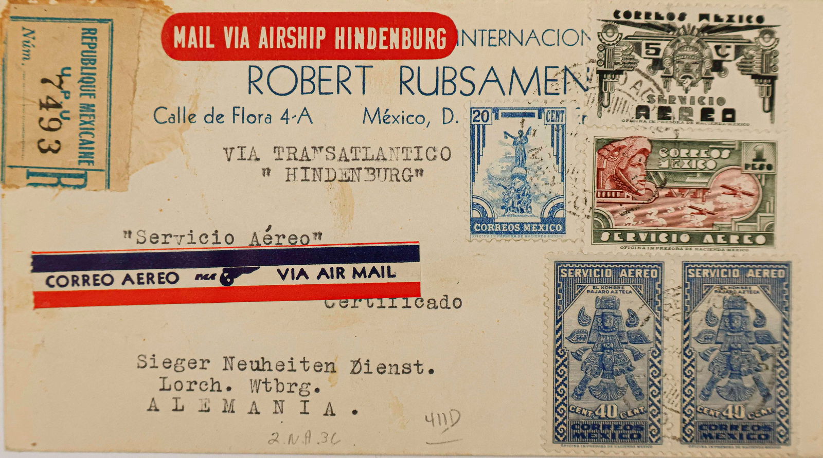 AIRSHIP 'HINDENBURG' FLOWN POSTAL COVER (1 of 2)