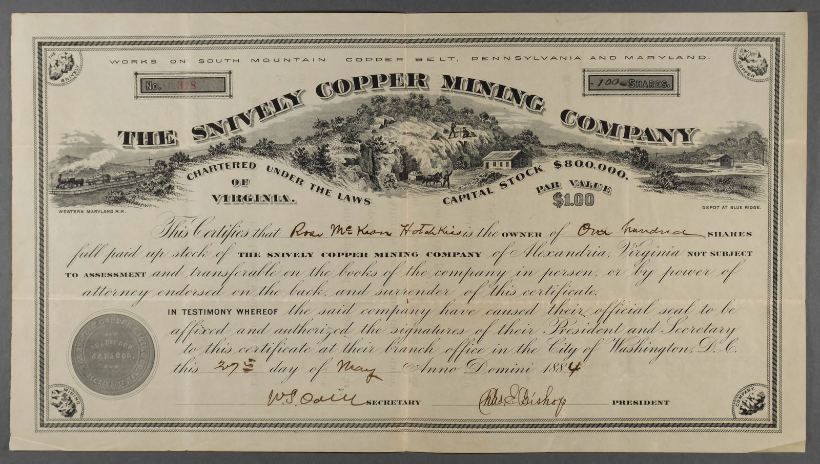 SNIVELY COPPER MINING COMPANY STOCK CERTIFICATE (1 of 1)