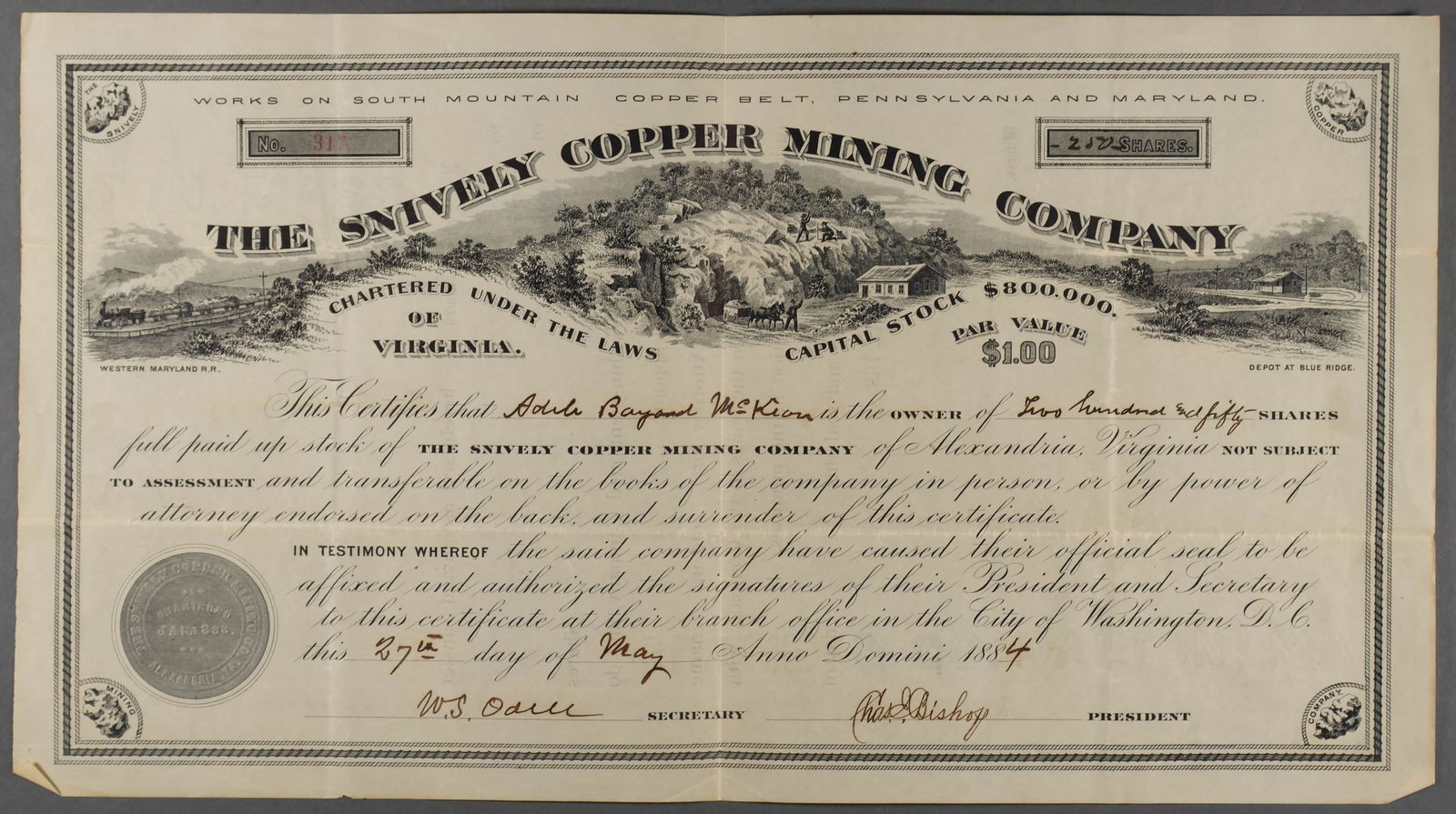 SNIVELY COPPER MINING COMPANY STOCK CERTIFICATE (1 of 1)