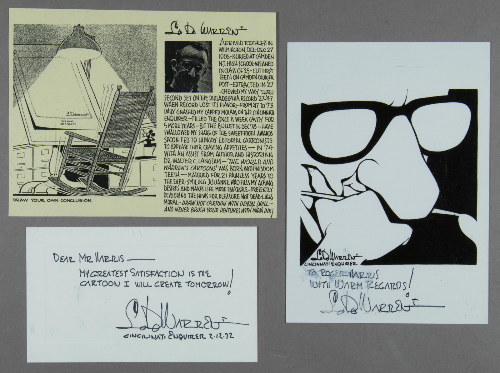 LEONARD D. WARREN (3): (1906-1992) American editorial cartoonist, worked for the Cincinnati Enquirer where his work was picked up and syndicated through the McNaught Syndicate for decades. Collection of three signed items, 
