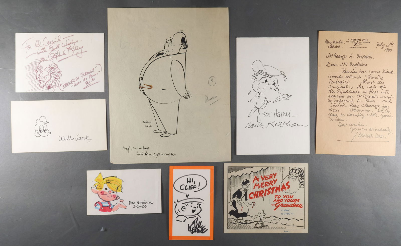 AMERICAN CARTOONISTS (100+): A huge collection of over one hundred (largely) original cartoons and signed letters from notable American cartoonists from the past century, including: BIL KEANE, DICK LOCHER, MUNRO LEAF, STANLEY LIN