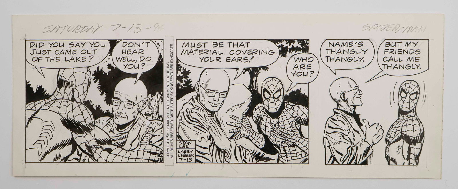 THE AMAZING SPIDER-MAN ORIGINAL COMIC STRIP ART: Three panels from Stan Leeís most famous creation, executed in pen and pencil by illustrator LARRY LIEBER. Measures 14 x 5.5 in. and dated 'Thursday 7-13-96' at top. Very good, and ideal for display!