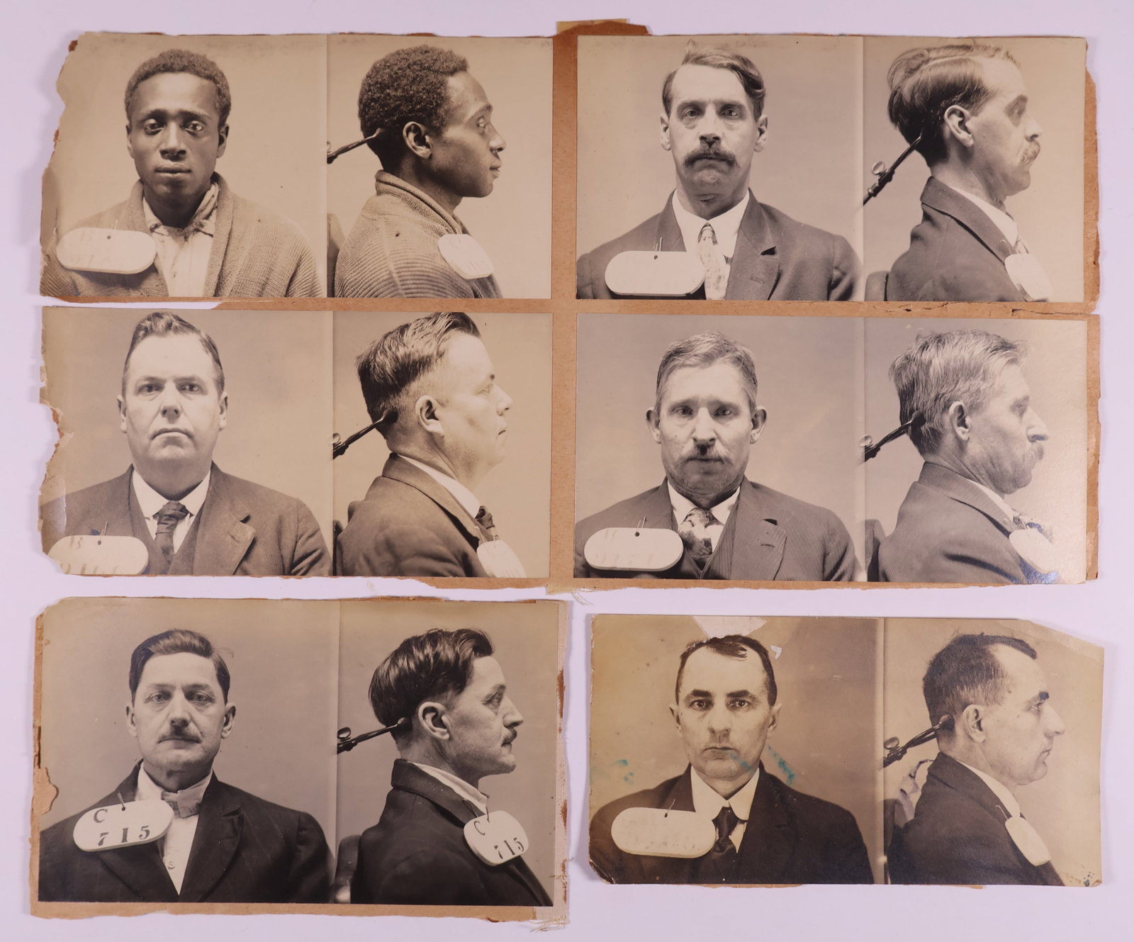 MUG SHOTS (61): Lot of 61 pairs of mug shots, all ca. 1950, each pair of photos 5.5 x 3.25 in. and mounted back-to-back. Individuals are unidentified - make up your own! Very good.