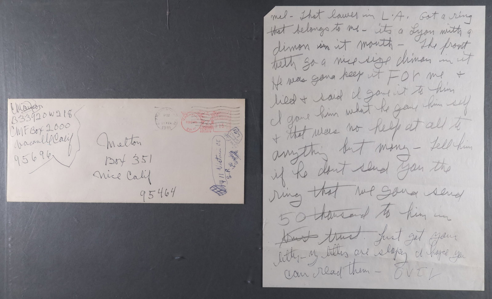 CHARLES MANSON: (1934 - 2017) Drifter whose 'family' committed the infamous Tate-LaBianca murders in 1969. Partial A.L. (unsigned), 1p. 4to., [Vacaville, Feb. 20, 1981], in pencil his biographer Nuel ‘Mel’ Melton