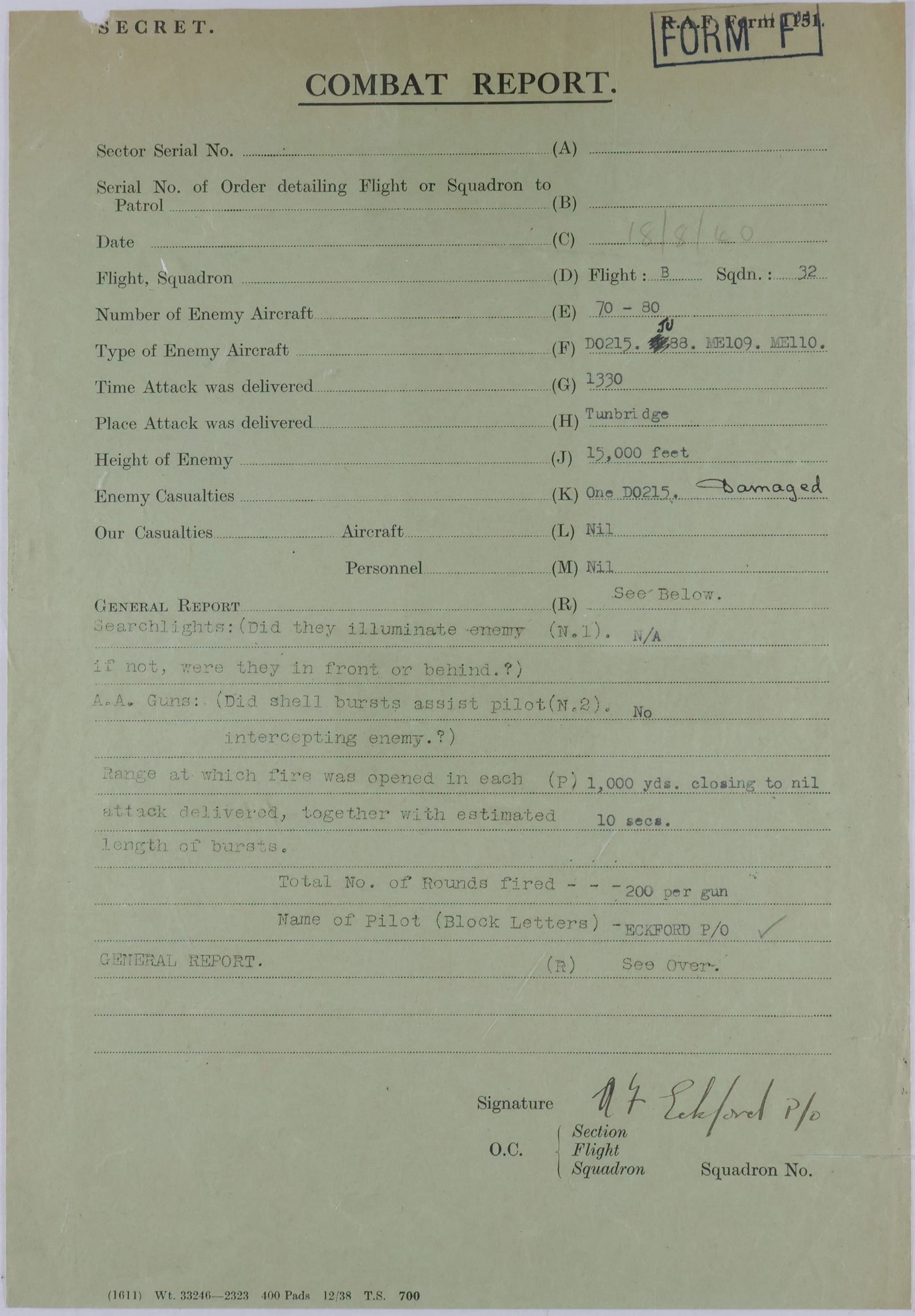 (BATTLE OF BRITAIN): ALAN ECKFORD (1919-1990) British fighter pilot of World War II, an ace who participated in the Battle of Britain and is credited with at least eight ‘kills’. Partly-printed, fine content w