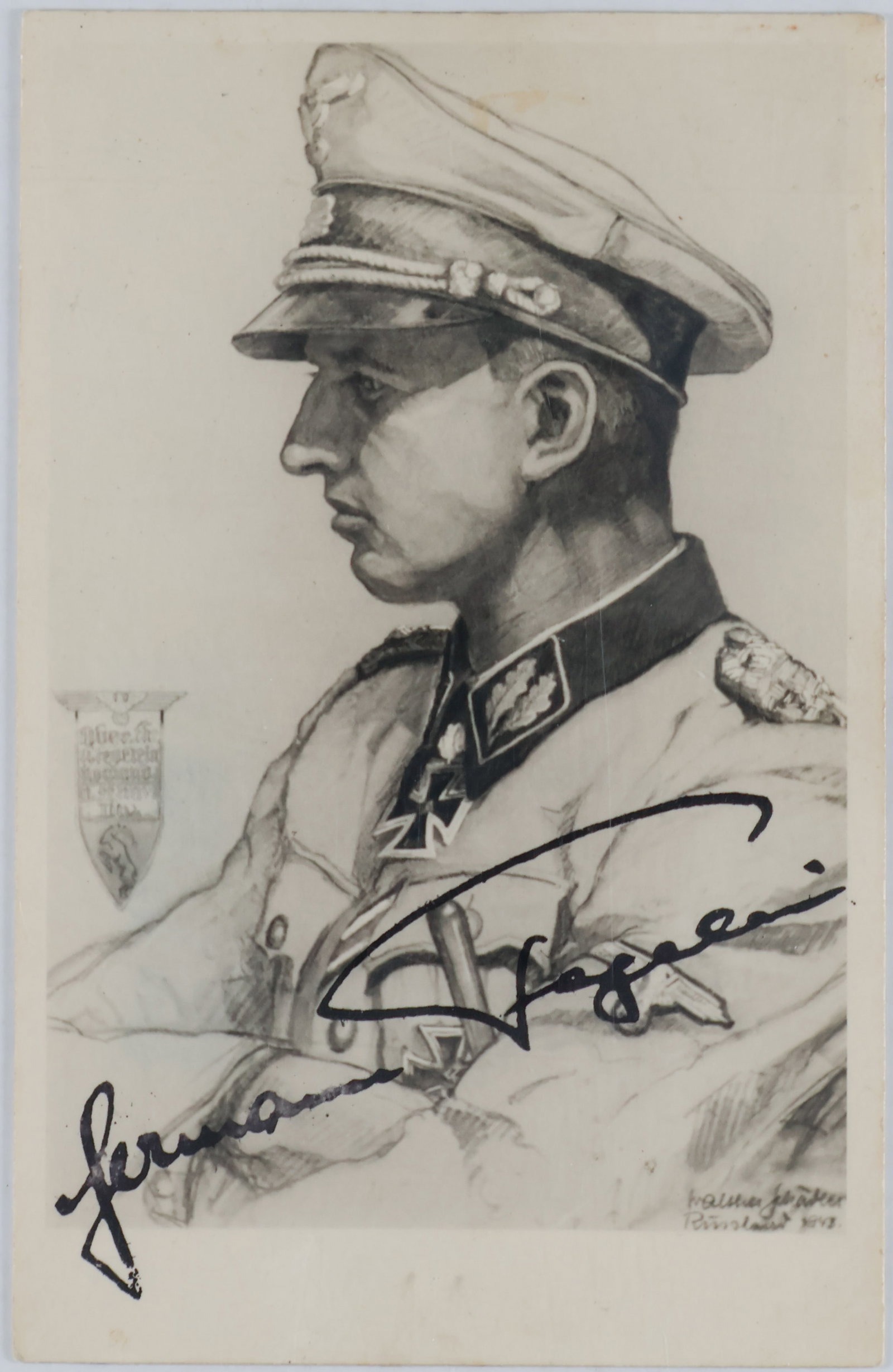 HERMANN FEGELEIN: (1906 - 1945) Nazi military leader and SS-Gruppenfuhrer, a Knight's Cross winner with Oak Leaves. Fegelein married Eva Braun's sister and served as liaison between Hitler and Himmler, but in the closi