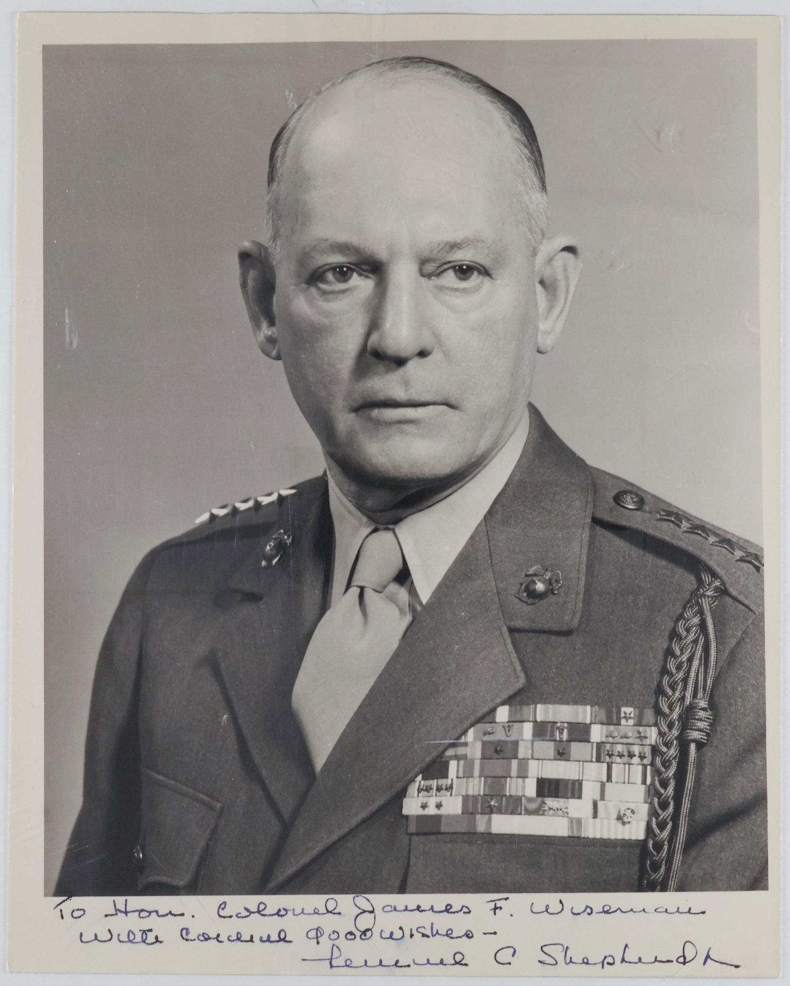 LEMUEL SHEPHERD: (1896-1990) Marine Corps Commandant and general in two wars, led the invasion of Guam and Okinawa. Superb vintage I.S.P., 8 x 10 in. b/w, shows Shepherd in uniform, head and shoulders. Boldly inscribe