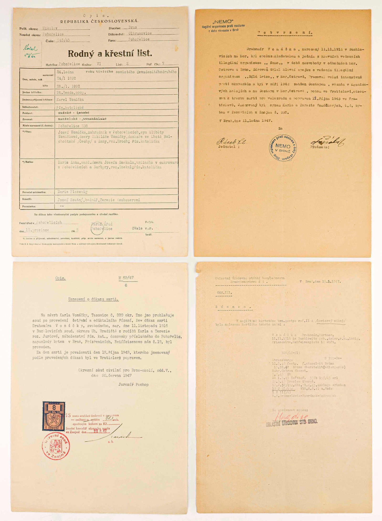 THE ARREST AND EXECUTION OF A WORLD WAR II CZECH LIBERATOR: An interesting dossier of four pieces related to the arrest and eventual execution of Drahomir Vomacka, accused of being a leader in the Czech liberation movement, the Order of the White Lion. Include