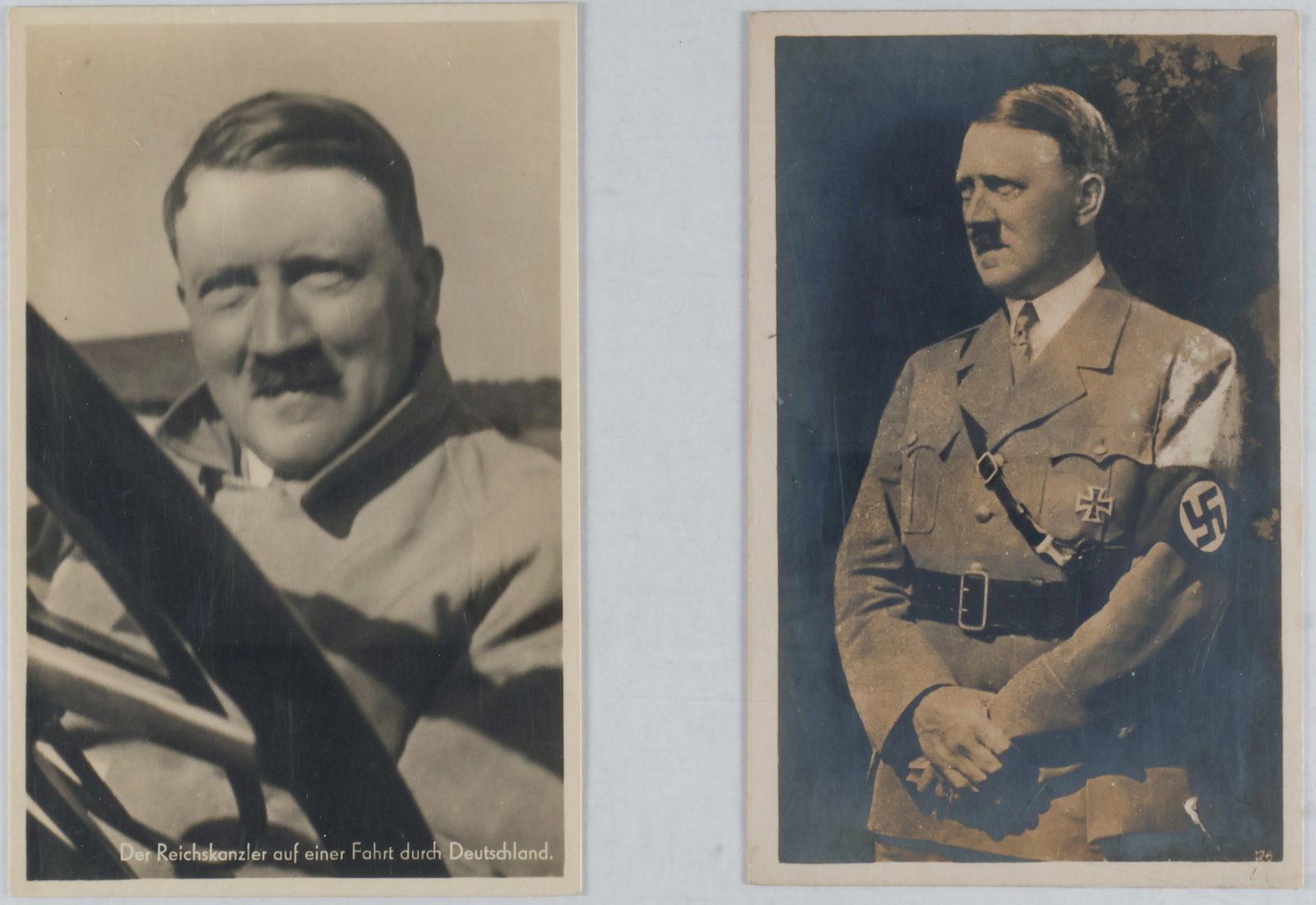 (ADOLF HITLER): Two real-photo postcards of Hitler, both 4 x 6 in. b/w, one a close-up Hoffman image, infrequently seen; the other a standing image of Hitler by Dr. T. V. Lpz. Dresden. Both are near fine.
