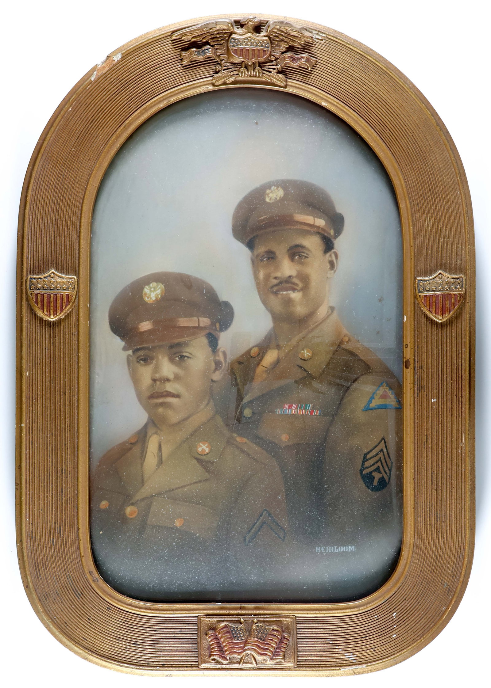 WORLD WAR II ERA PHOTO OF A BLACK SOLDIER AND SON: Beautifully framed painting, 13.5 x 20 in. b/w, showing a black soldier as a Technical Sergeant in the U.S. Army. The man poses in full uniform with a young boy, likely his son who is also in uniform.