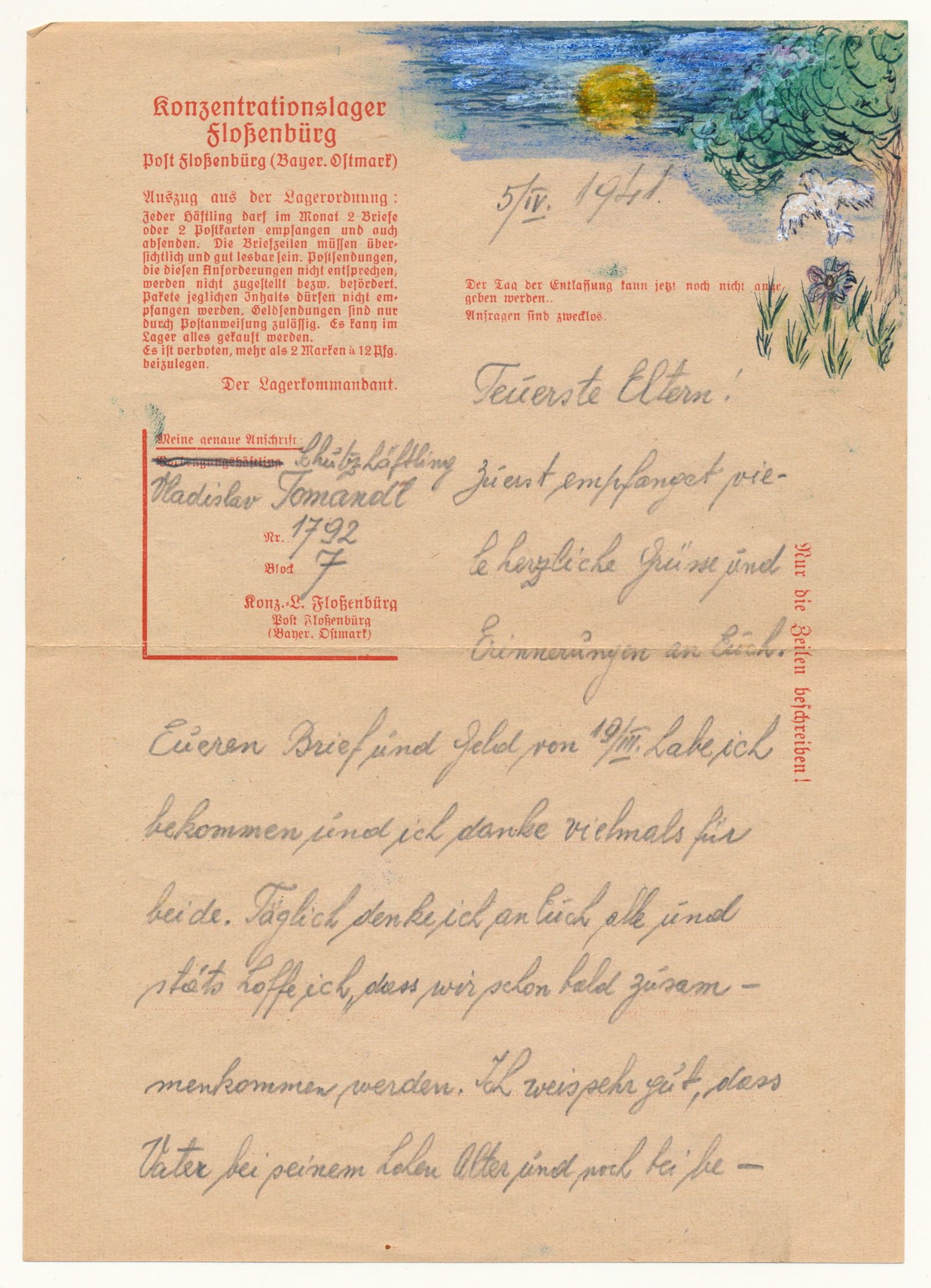 ILLUSTRATED FLOSSENBURG CONCENTRATION CAMP PRISONER LETTER (1 of 2)