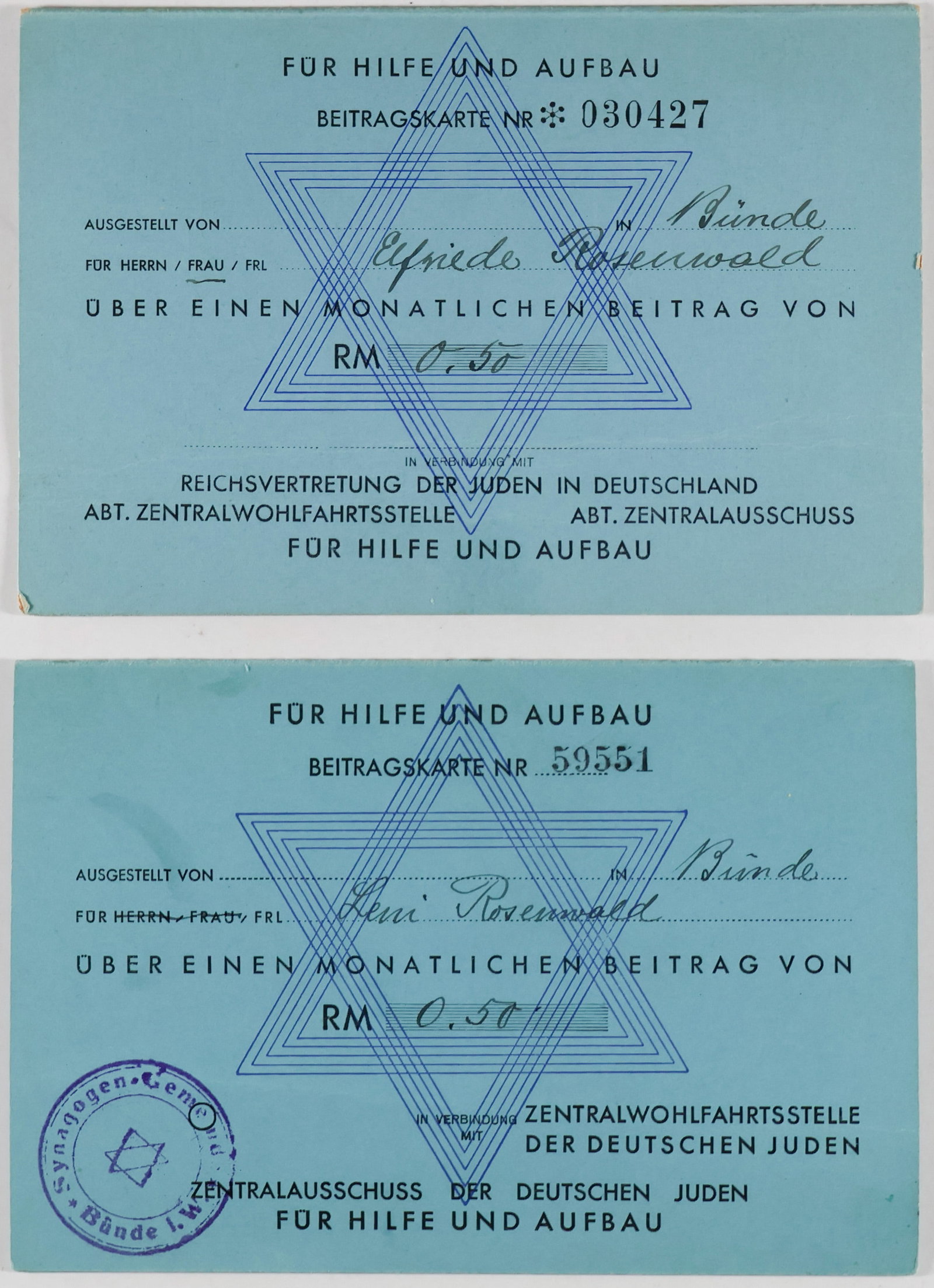GERMAN 'BUNDE FOR JEWS' MEMBERSHIP CARDS (2): Rare pair of German 'Bunde for Jews' membership cards, each 6 x 8 in. overall, issued by the Central Welfare Office of the German Jews, [ca. 1930]. These cards were once owned by donors 'Leni Rosenwal