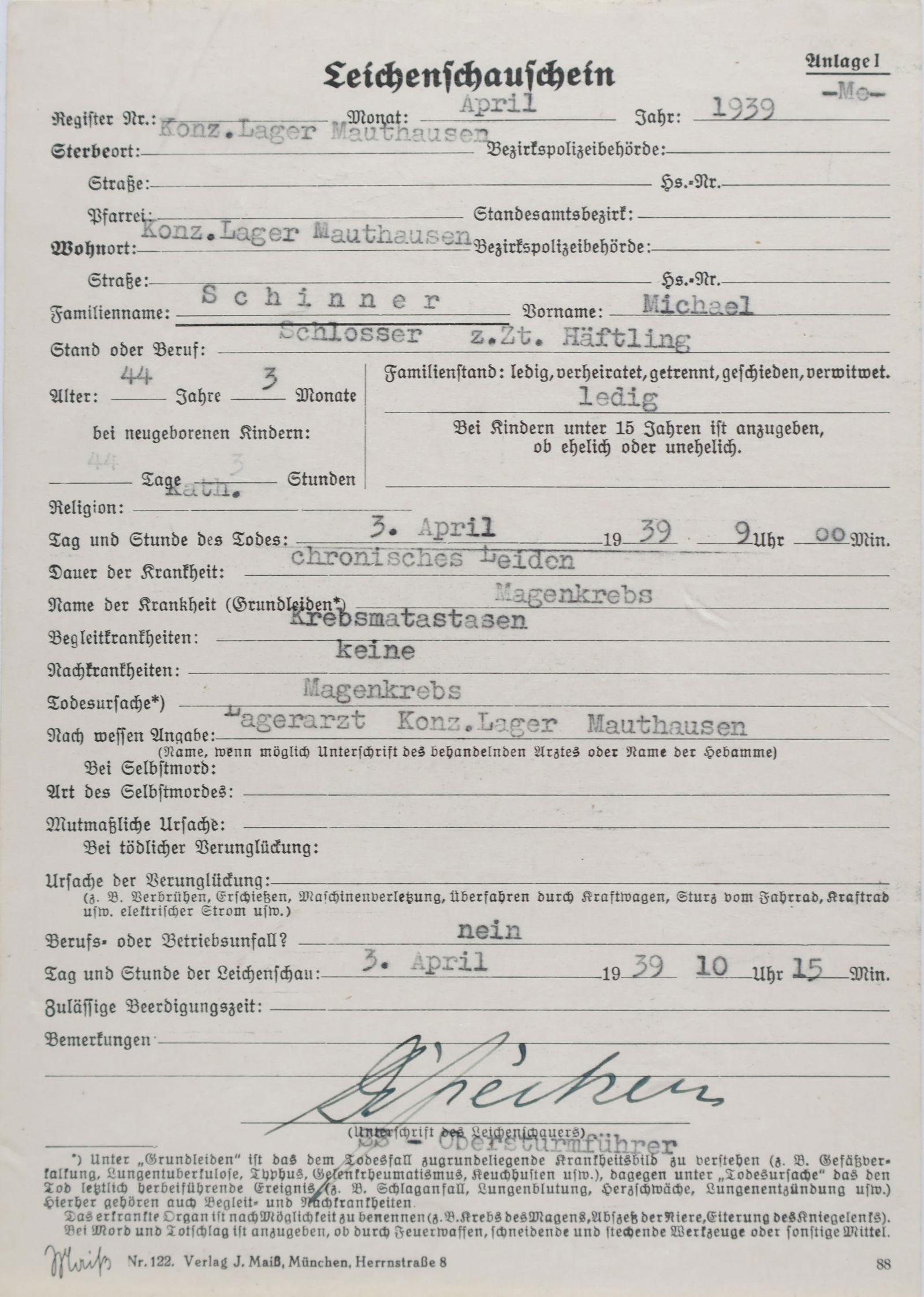 PRISONER'S DEATH CERTIFICATE FROM MAUTHAUSEN (1 of 2)