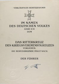 KNIGHTS CROSS TO THE WAR MERIT CROSS AWARD DOCUMENT