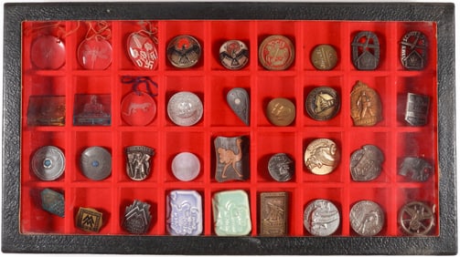 VARIOUS TINNIES AND BADGES (36)