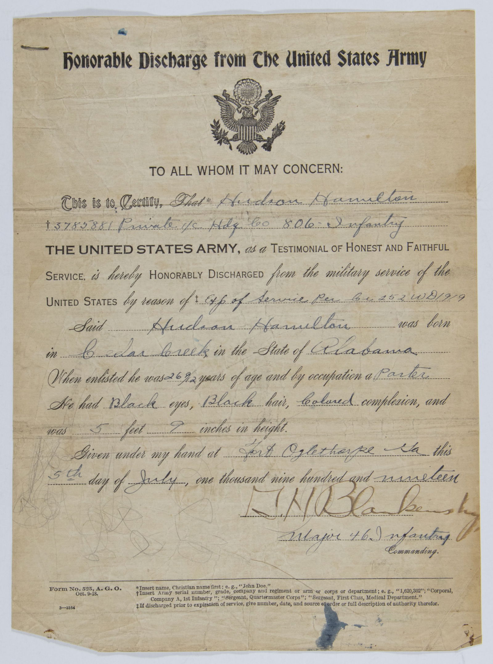 WORLD WAR I BLACK SOLDIER'S HONORABLE DISCHARGE (1 of 2)