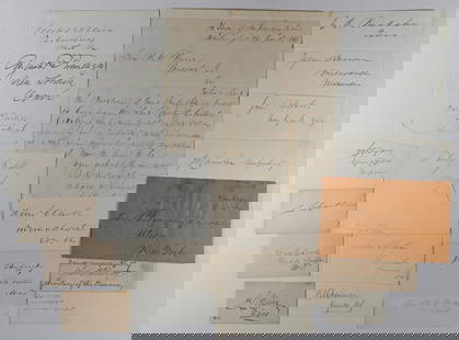 CIVIL WAR ERA POLITICIANS (20): A lot of 20 signatures of Civil War-era politicians. includes: BENJAMIN ALDEN BIDLACK (1804-1849), JAMES GILLESPIE BLAIN (1830-1893), JACOB BEESON BLAIR (1821-1901), HENRY TAYLOR BLOW (1817-1875), GEO