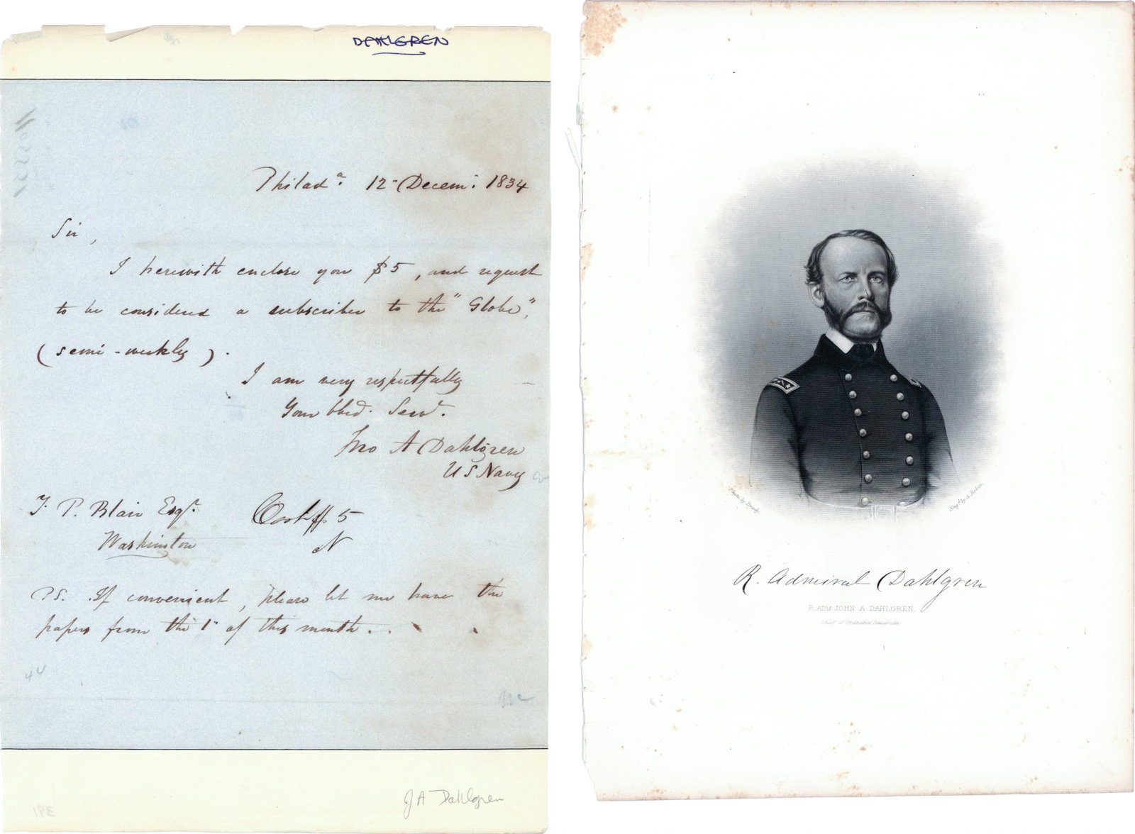 JOHN A. DAHLGREN: (1809 - 1870) Union rear admiral and inventor of the cannon which bore his name. He also commanded the South Atlantic Blockading Squadron. Early and good association A.L.S. 1p. 4to., Philadelphia, Dec