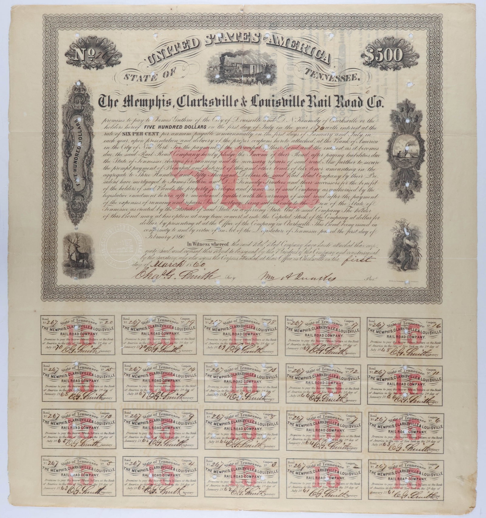 WILLIAM ANDREW QUARLES: (1825-1893) Confederate brigadier general who served at Fort Donelson, Chattanooga, and the Atlanta Campaign. Signed railroad bond, 16 x 17.5 in. (opened), Memphis, March 1860, issued by the Memphis C