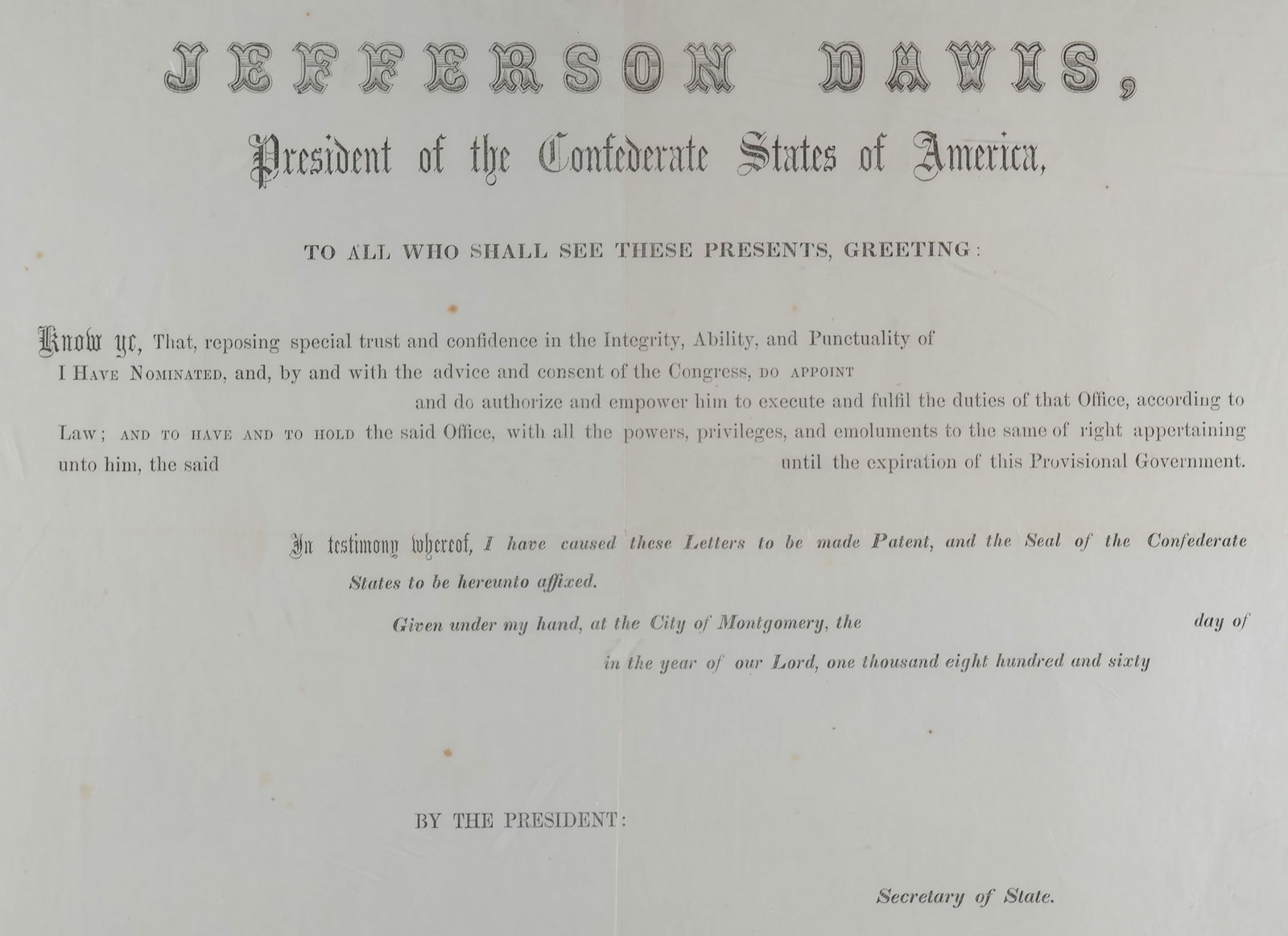 JEFFERSON DAVIS PRESIDENTAL APPOINTMENT FORM (1 of 1)