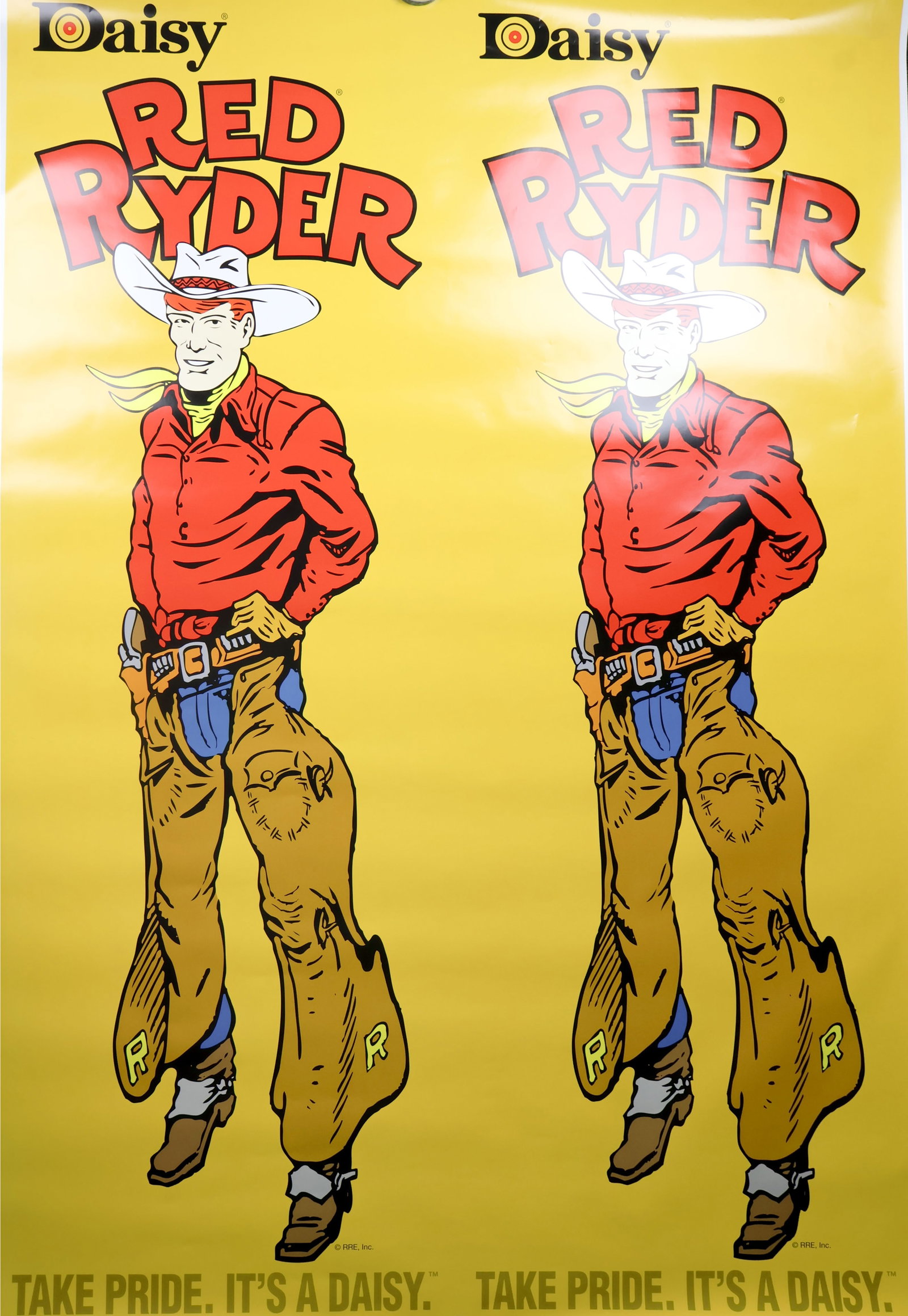 ‘RED RYDER’ POSTER: An imposing advertising poster measuring 51 x 73 in., featuring the character ‘Red Ryder’ with the quote ‘TAKE PRIDE, IT’S A DAISY’ with the Daisy logo above. This poster