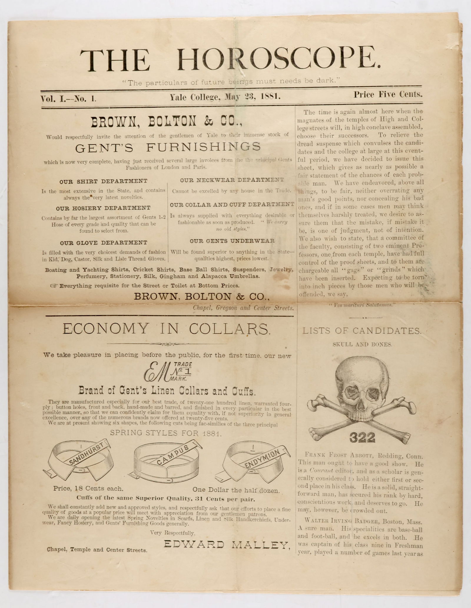 YALE UNIVERSITY: SKULL AND BONES: An original copy of the annual Yale University student newspaper 'The Horoscope' published by the Skull and Bones, 4pp. folio, May 23, 1881. This copy is devoted to describing and ranking the candidat
