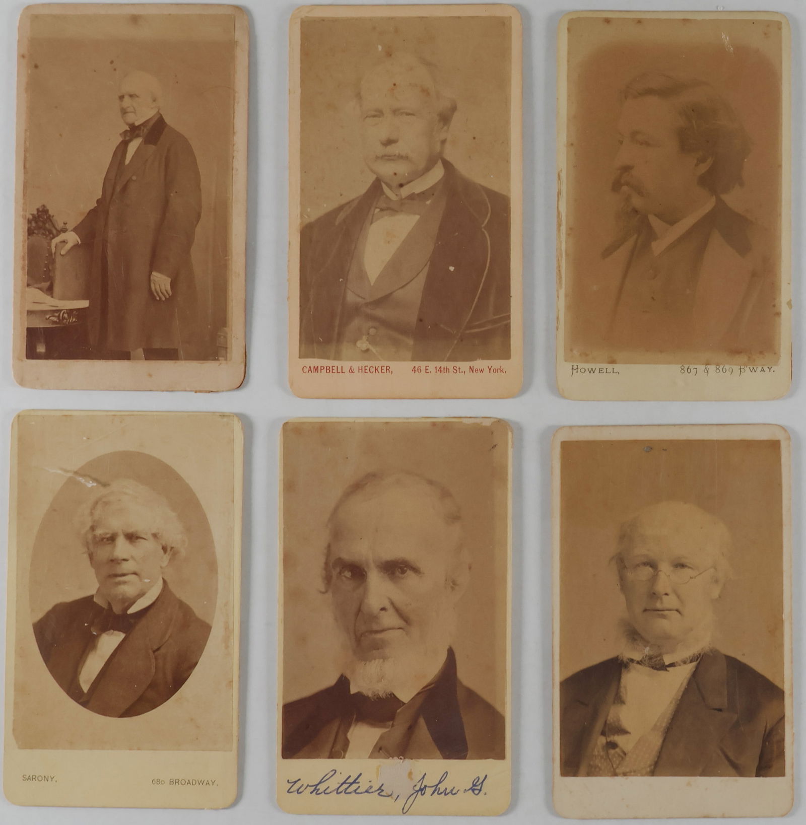 AMERICAN JOURNALISTS CARTES DE VISITE (6): A fine collection of six cartes de visite featuring 19th century American journalists. Includes: JOHN G. WHITTIER, HORACE GREELEY, THURLOW WEED, THOMAS NAST, DAVID D. FIELD, and GEORGE PEABODY. Some o