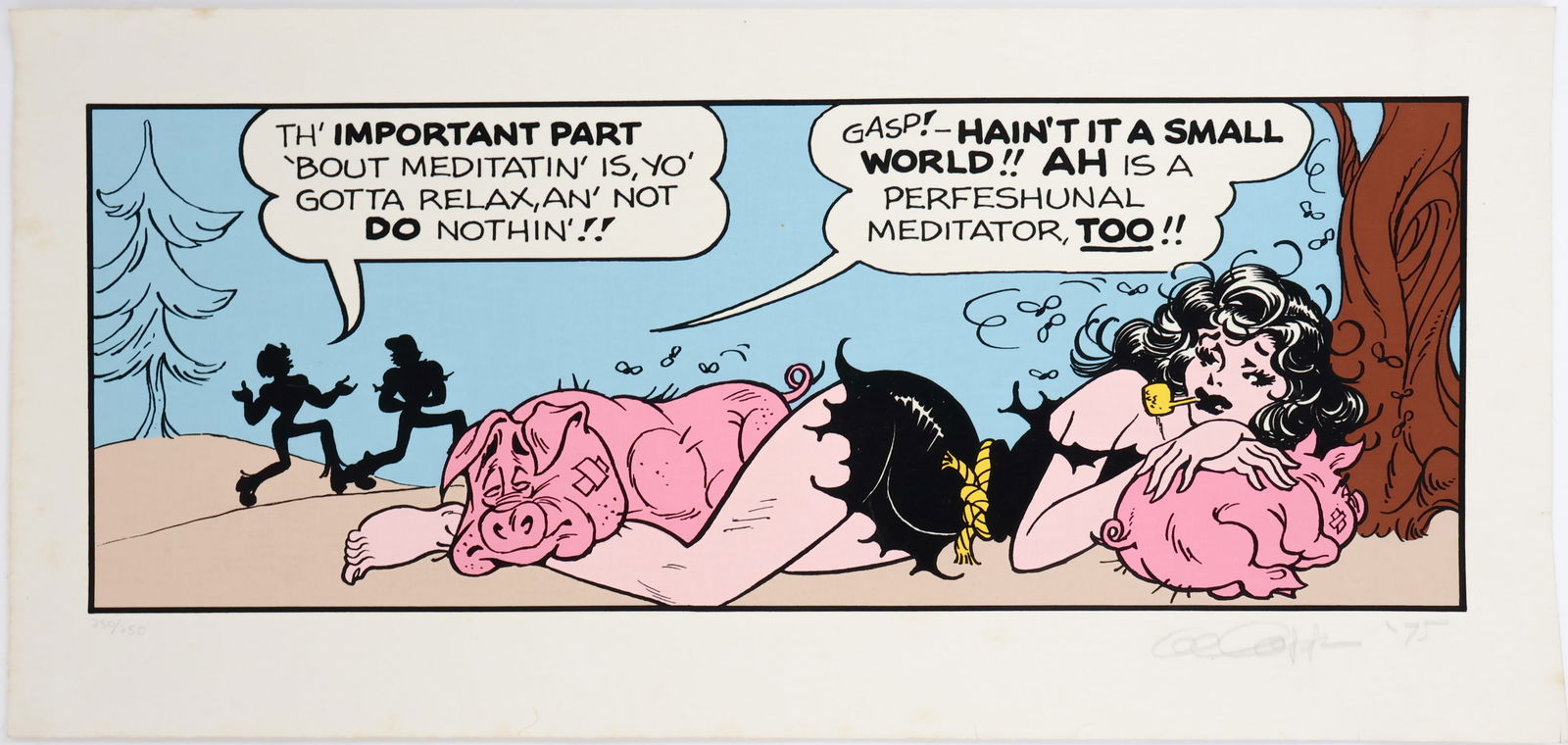 AL CAPP: (1909 - 1979) American cartoonist, creator of Lil Abner. A large lithographed ‘Lil Abner’ comic image on linen-backed paper, 36 x 17 in., shows a voluptuous L’il Abner character with
