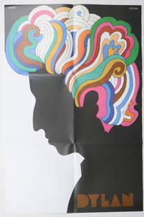 ‘DYLAN’ POSTER: An example of 1960’s psychedelic media, measuring 23 x 32 in., this poster was created in 1966 by the artist Milton Glaser as an insert in Dylan’s Greatest Hits Album. It depicts a stylize