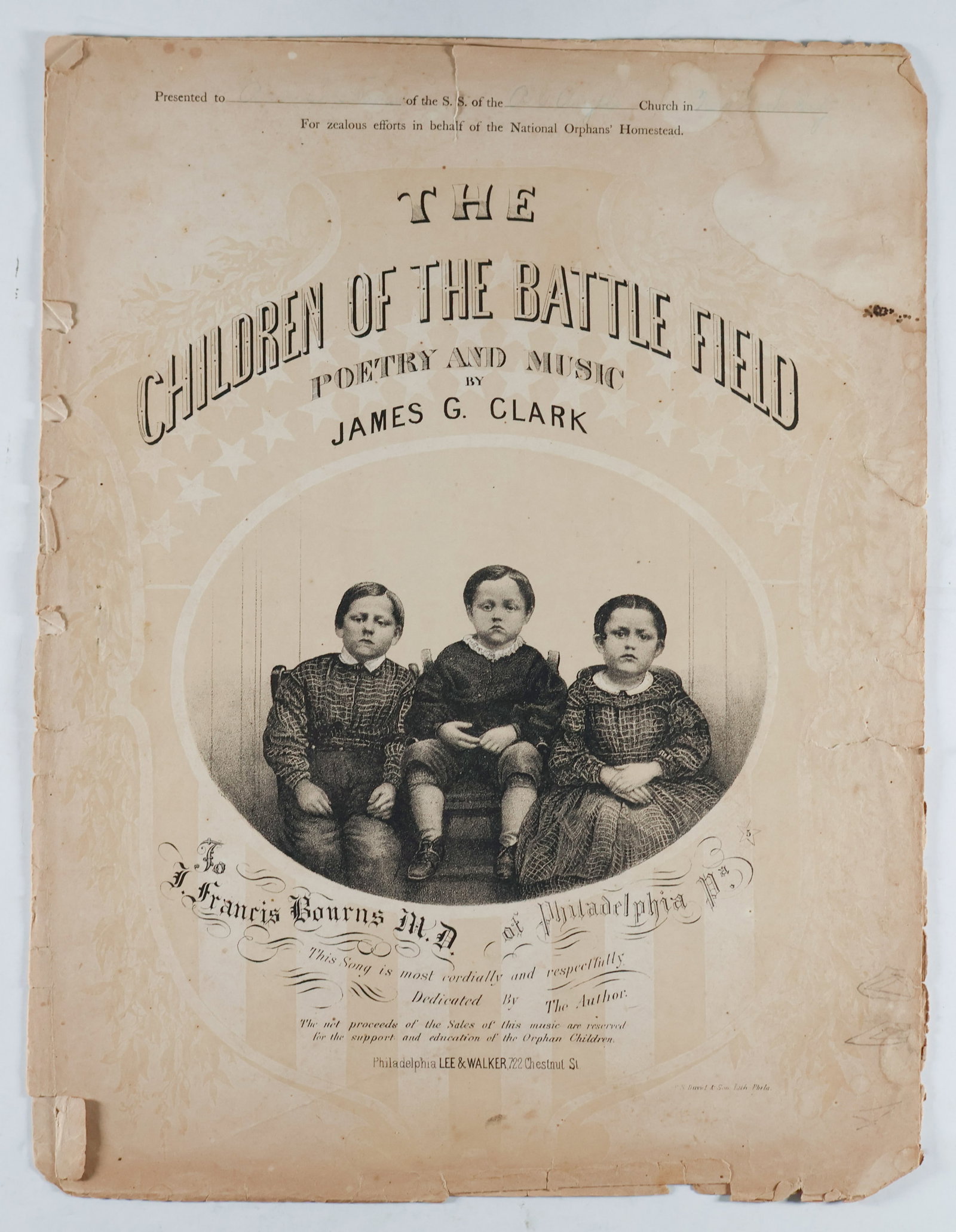 'CHILDREN OF THE BATTLE FIELD' SHEET MUSIC: Rare sheet music 'The Children of the Battle Field', 4pp. 10.75 x 13.75 in. (approx.), Philadelphia, 1864, showing the three famous children on the cover with proceeds of the sale intended for their b