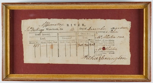 1787 VIRGINIA TOBACCO WAREHOUSE RECEIPT