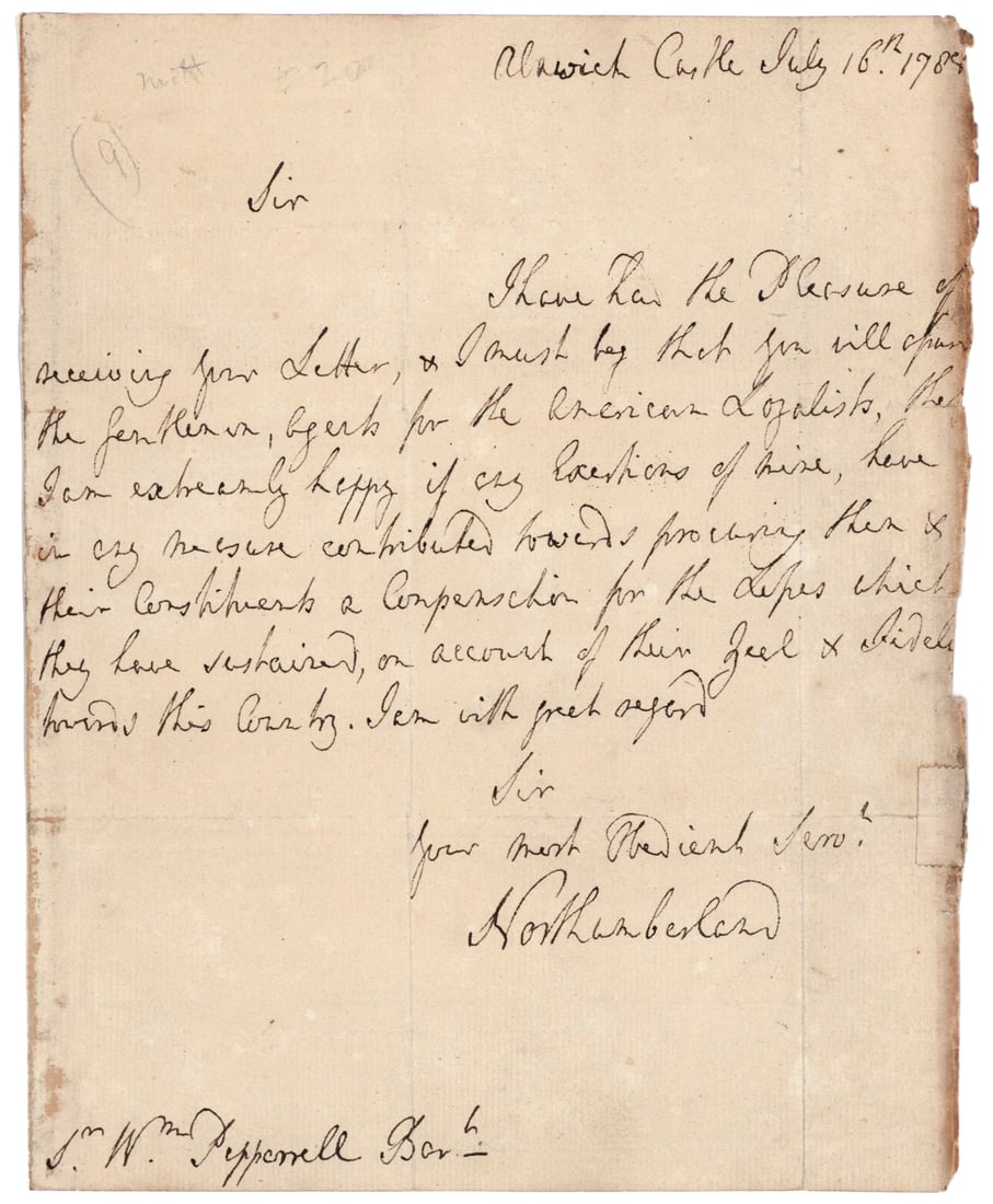HUGH PERCY, 2ND DUKE OF NORTHUMBERLAND: (1742-1817) British major who led the relief column which saved General Francis Smith's command at Lexington and Concord, and later served at Bunker Hill and Long Island. A.L.S. ‘Northumberland&