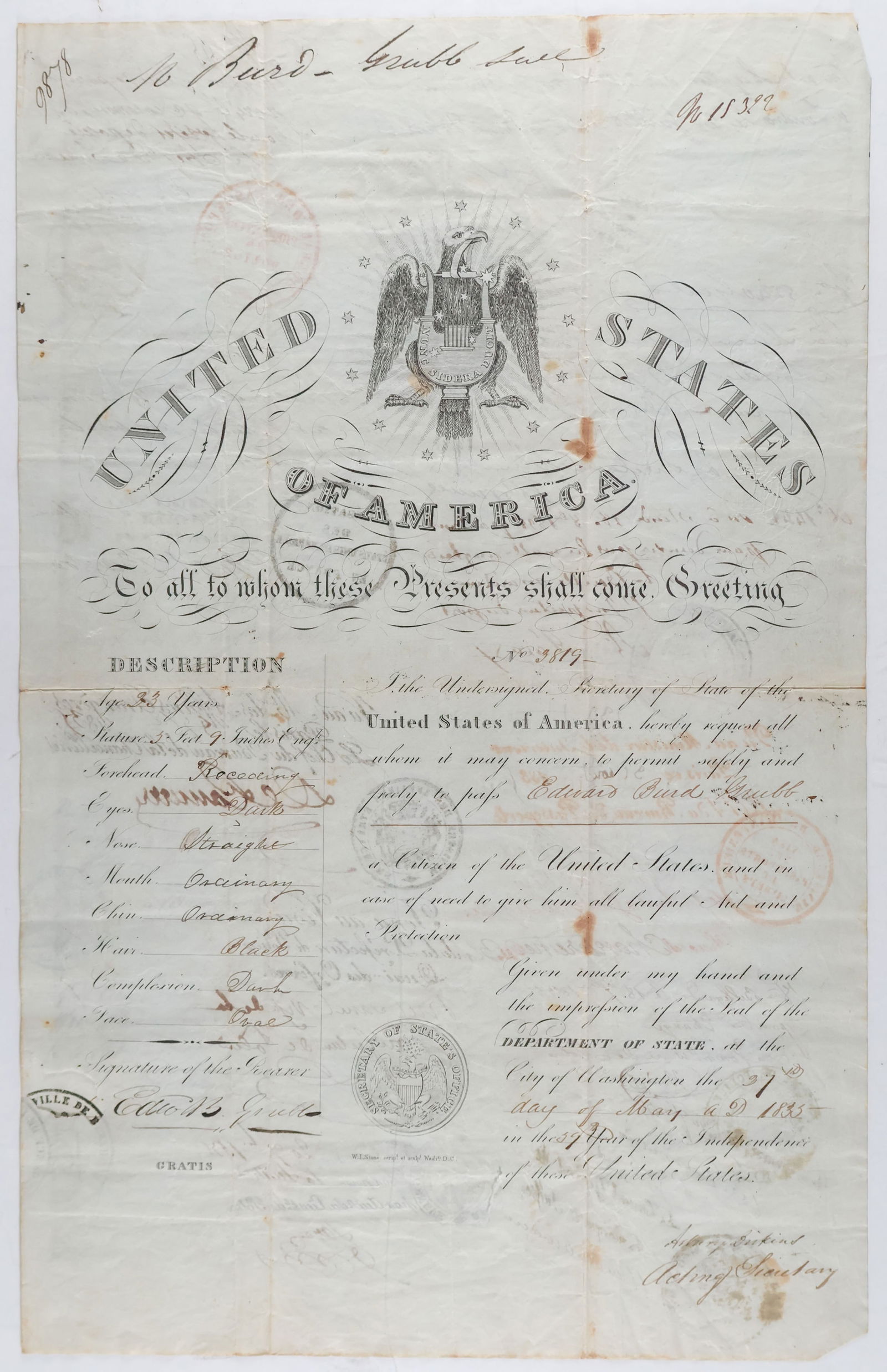 1835 PASSPORT OF ABOLITIONIST EDWARD B. GRUBB, SR. (1 of 2)