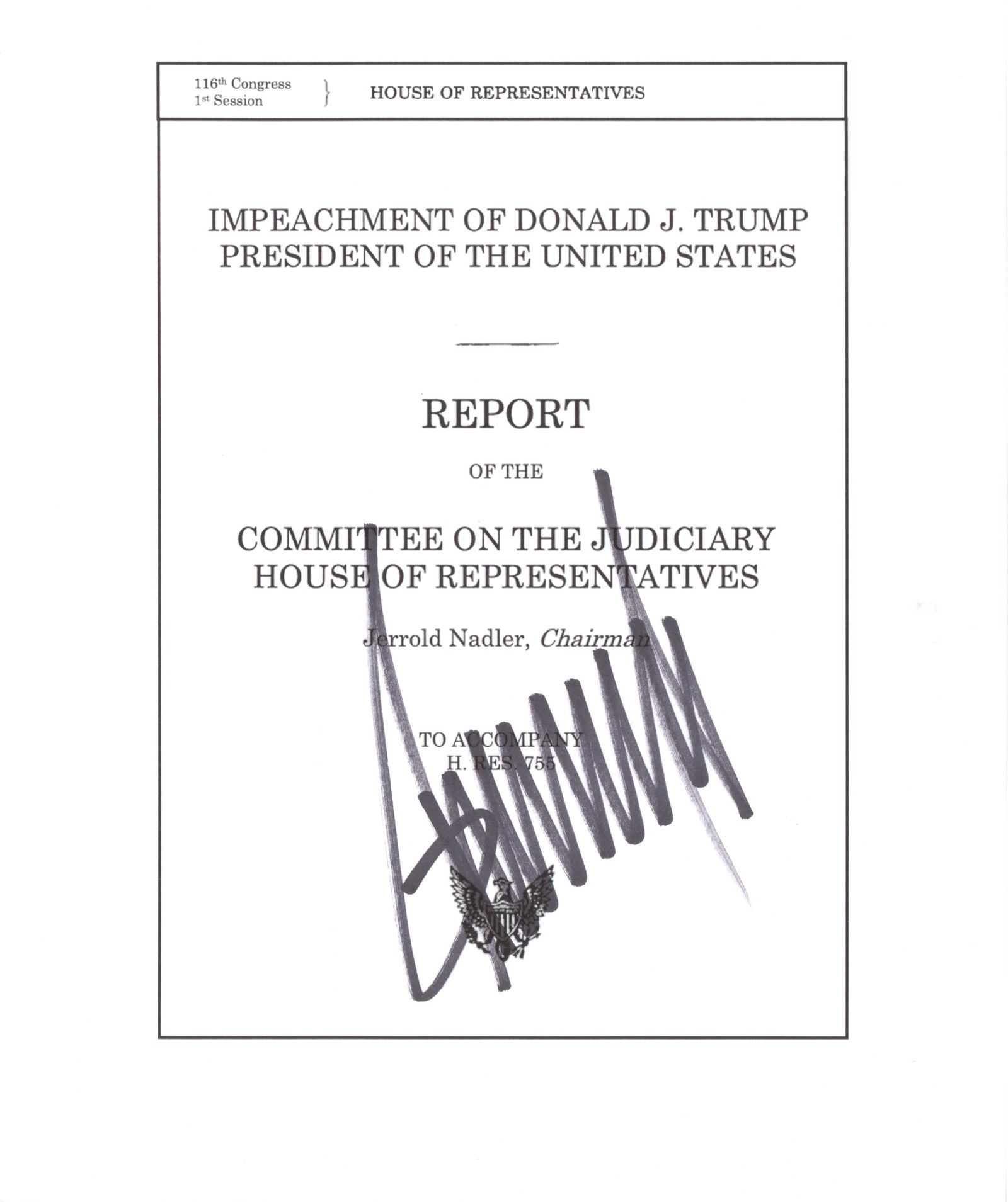DONALD TRUMP SIGNED IMPEACHMENT PROCEEDINGS COVER SHEET (1 of 2)