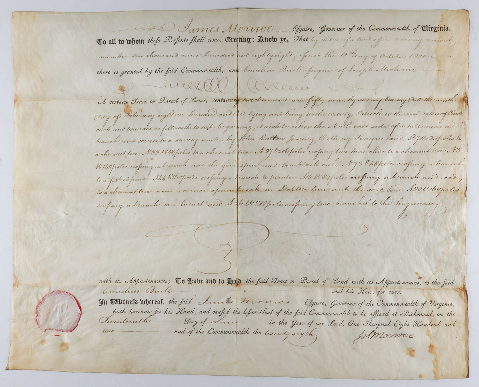 JAMES MONROE: (1758 - 1831) Fifth President of the United States who negotiated the Louisiana Purchase and promulgated the Monroe Doctrine. Partly-printed D.S. as Governor of Virginia, 1p. small folio parchment, Ri