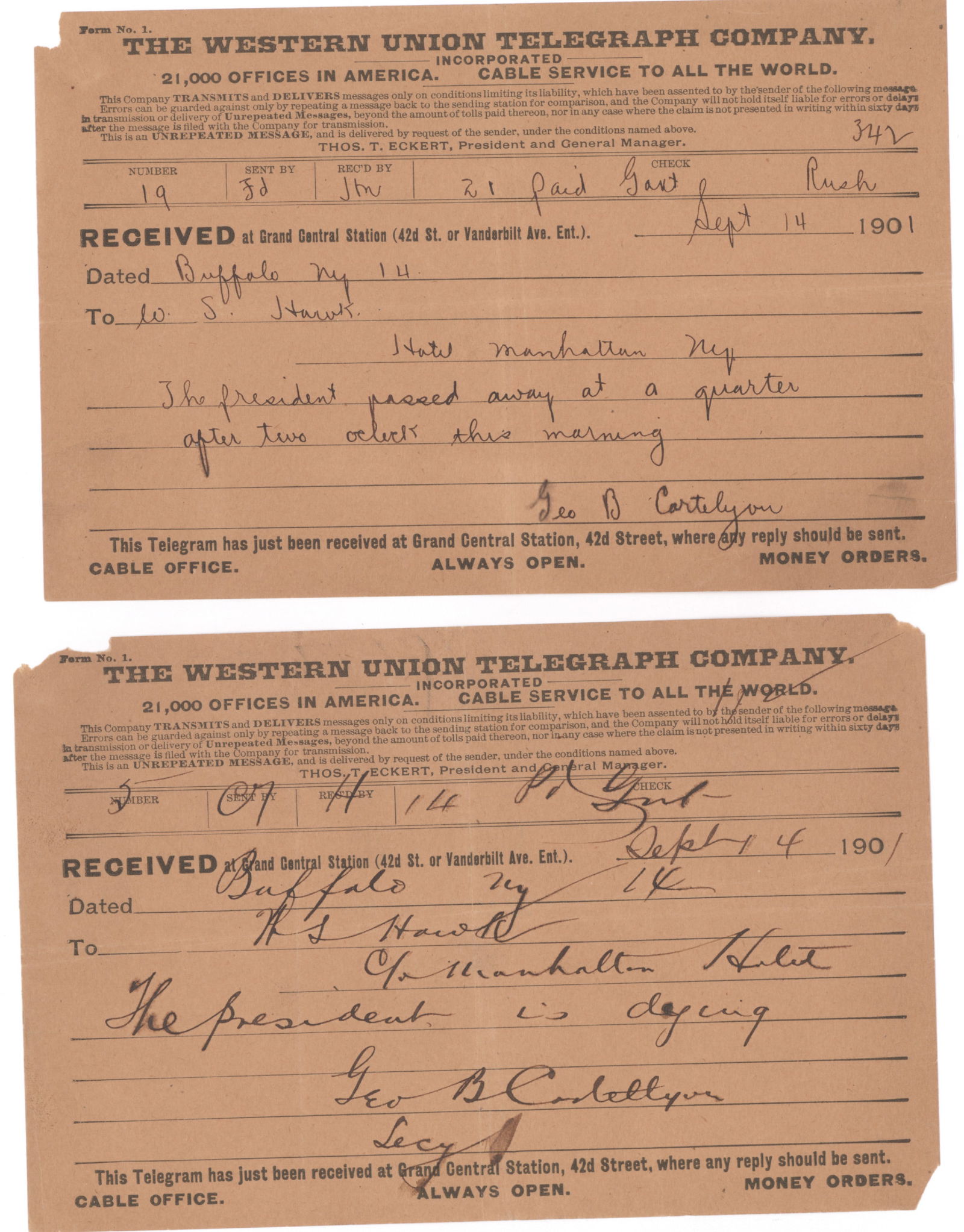 GEORGE CORTELYOU ANNOUNCES MCKINLEY'S DEATH (1 of 3)