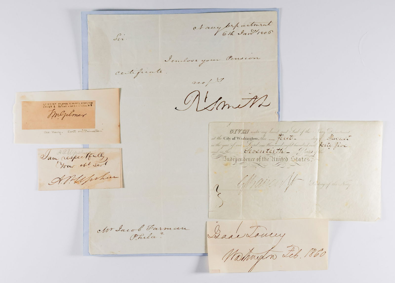 SECRETARIES OF THE NAVY (5): A collection of eight signatures of Secretaries of the Navy. Includes: ROBERT SMITH, manuscript D.S. as secretary sending a pension certificate, ABEL P. UPSHUR, cut signature, THOMAS W. GILMER, cut si