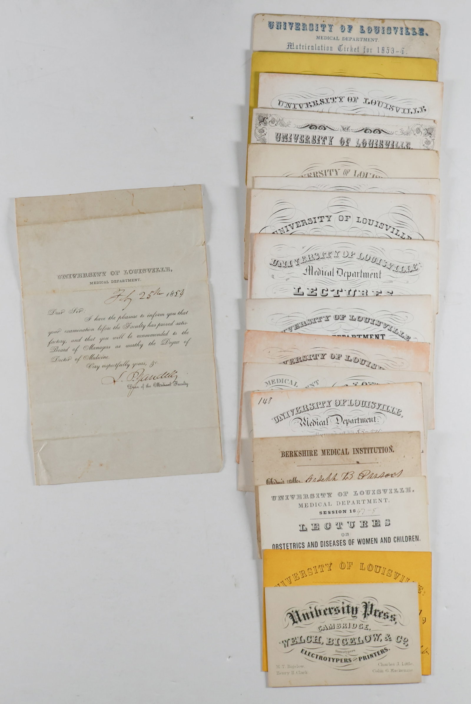 MEDICAL LECTURE CARDS FROM THE 1800S (19): A collection of 19 medical lecture cards and related ephemera, mostly given to Daniel V. Sevier, a medical student at the University of Louisville. Includes: an anatomy lecture at the Berkshire Medica