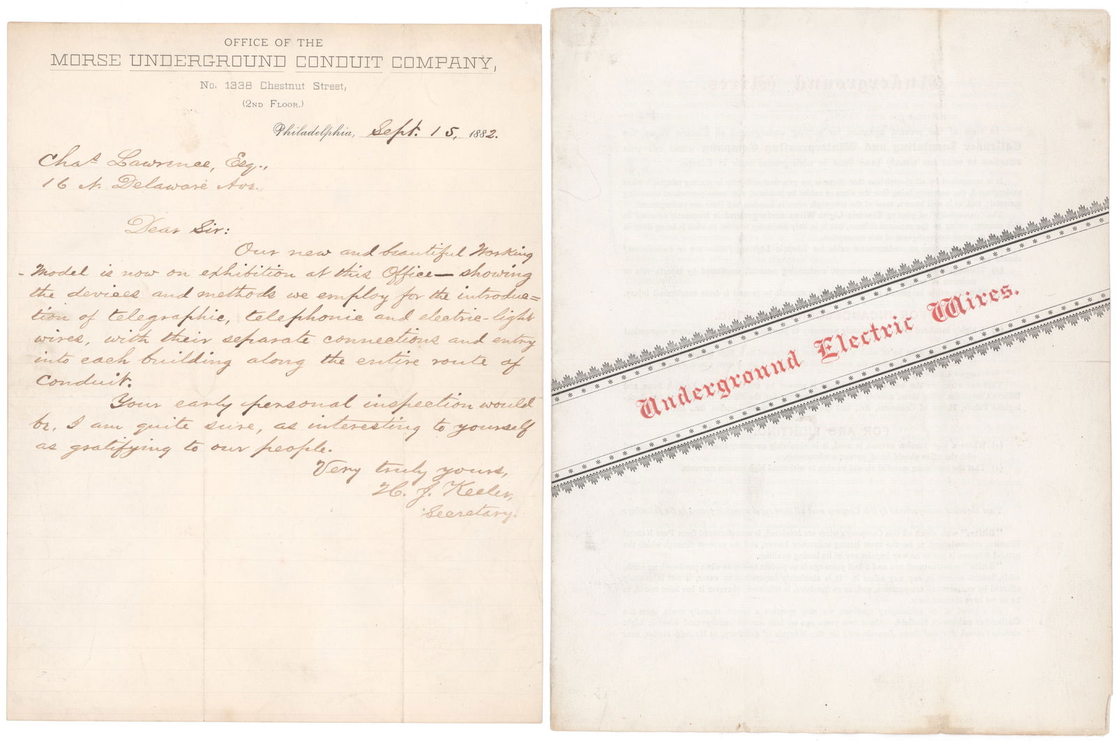 MORSE UNDERGROUND CONDUIT COMPANY ADVERTISING LETTER (1 of 3)