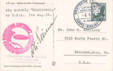 FLOWN HINDENBURG POSTCARD WITH ECKNER SIGNATURE